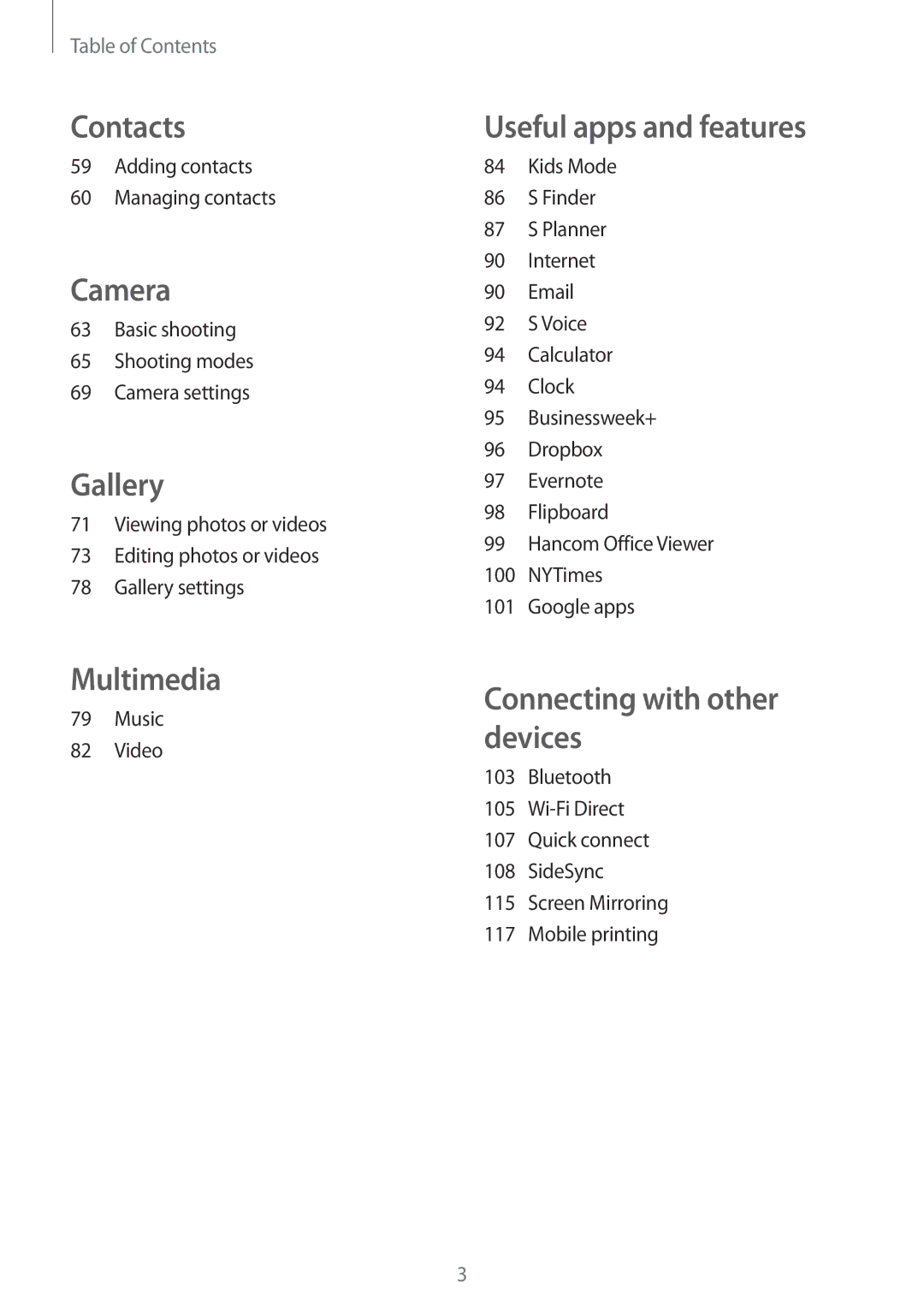 Samsung SM-T700NZWADBT manual Adding contacts Managing contacts, Basic shooting Shooting modes Camera settings, Music Video 