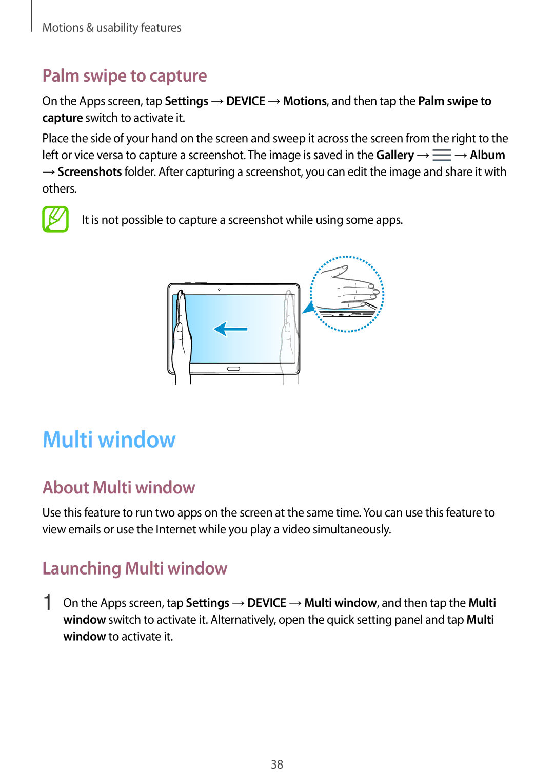 Samsung SM-T700NHAAXEF, SM-T800NZWAEUR manual Palm swipe to capture, About Multi window, Launching Multi window 