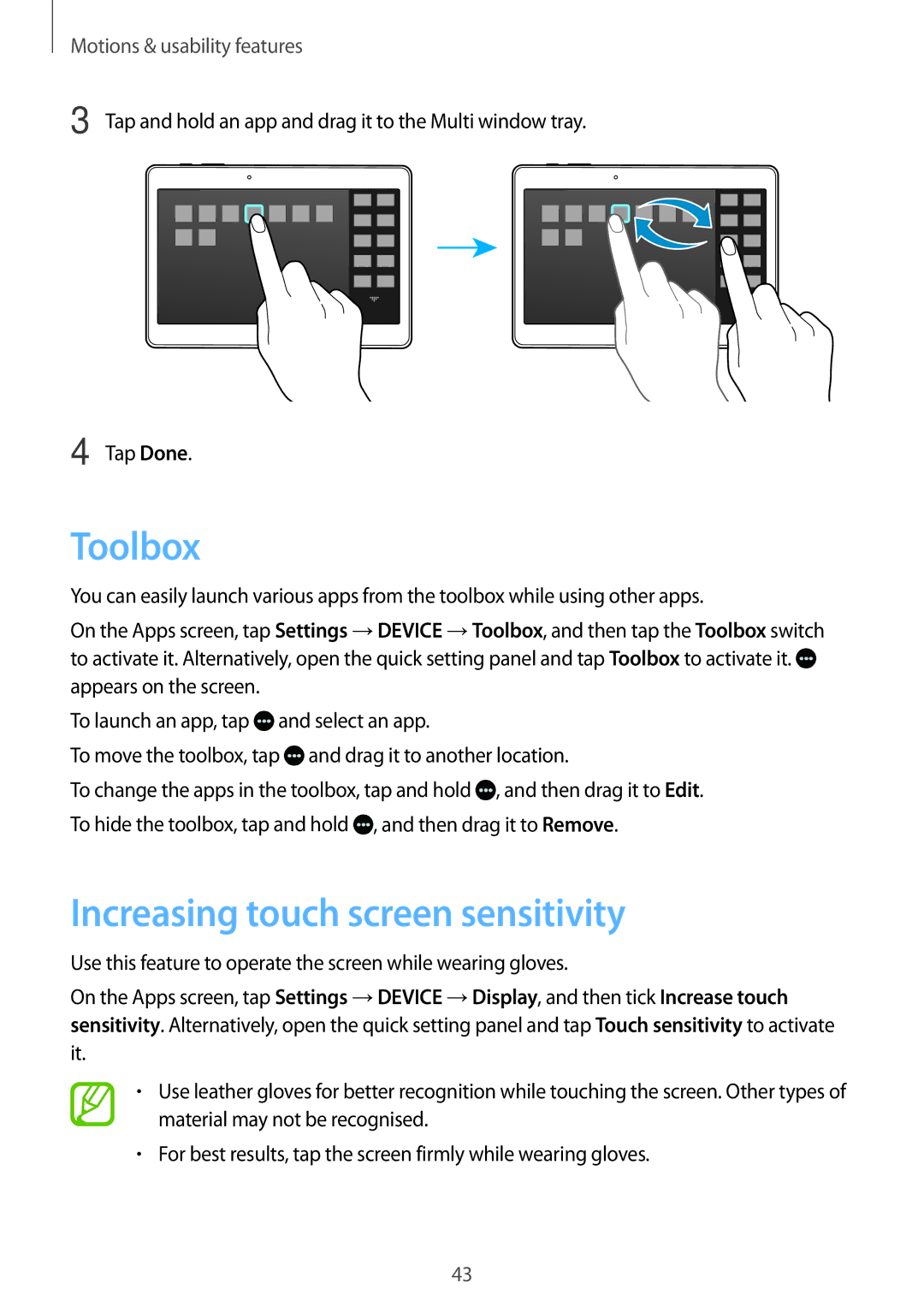 Samsung SM-T800NTSAAUT, SM-T800NZWAEUR, SM-T700NZWAXEO, SM-T700NZWASEB manual Toolbox, Increasing touch screen sensitivity 