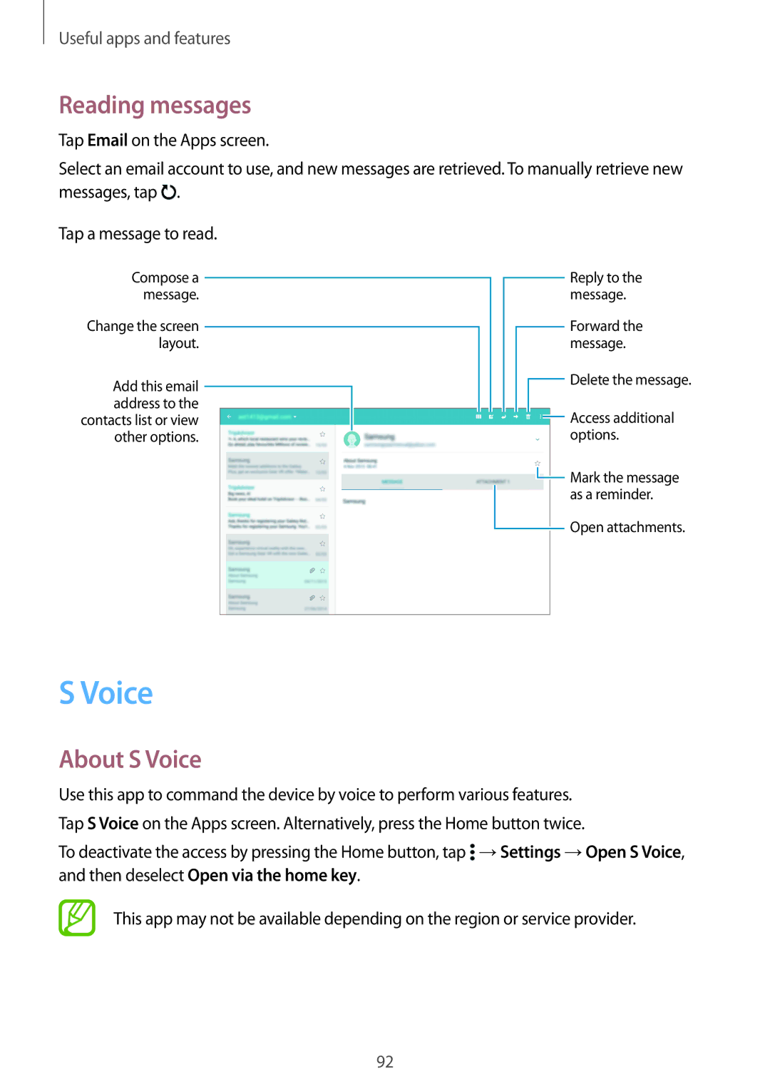 Samsung SM-T700NHAANEE, SM-T800NZWAEUR, SM-T700NZWAXEO, SM-T700NZWASEB, SM-T700NZWADBT Reading messages, About S Voice 