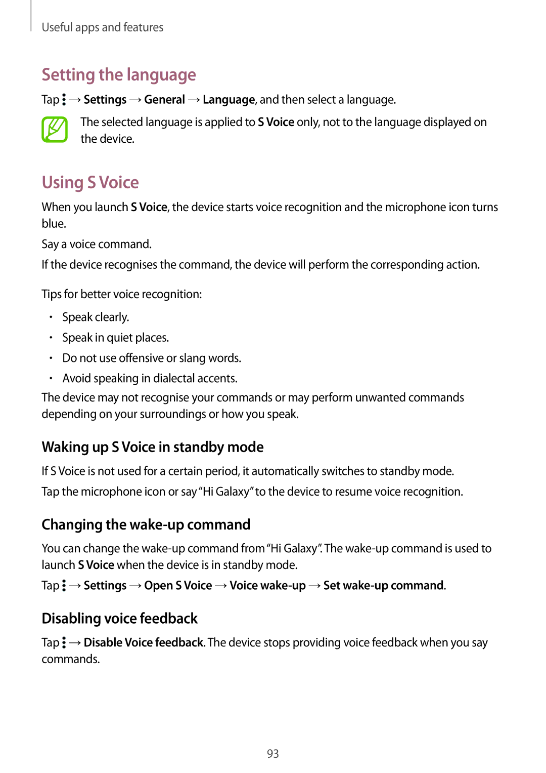 Samsung SM-T800NTSANEE Setting the language, Using S Voice, Waking up S Voice in standby mode, Disabling voice feedback 