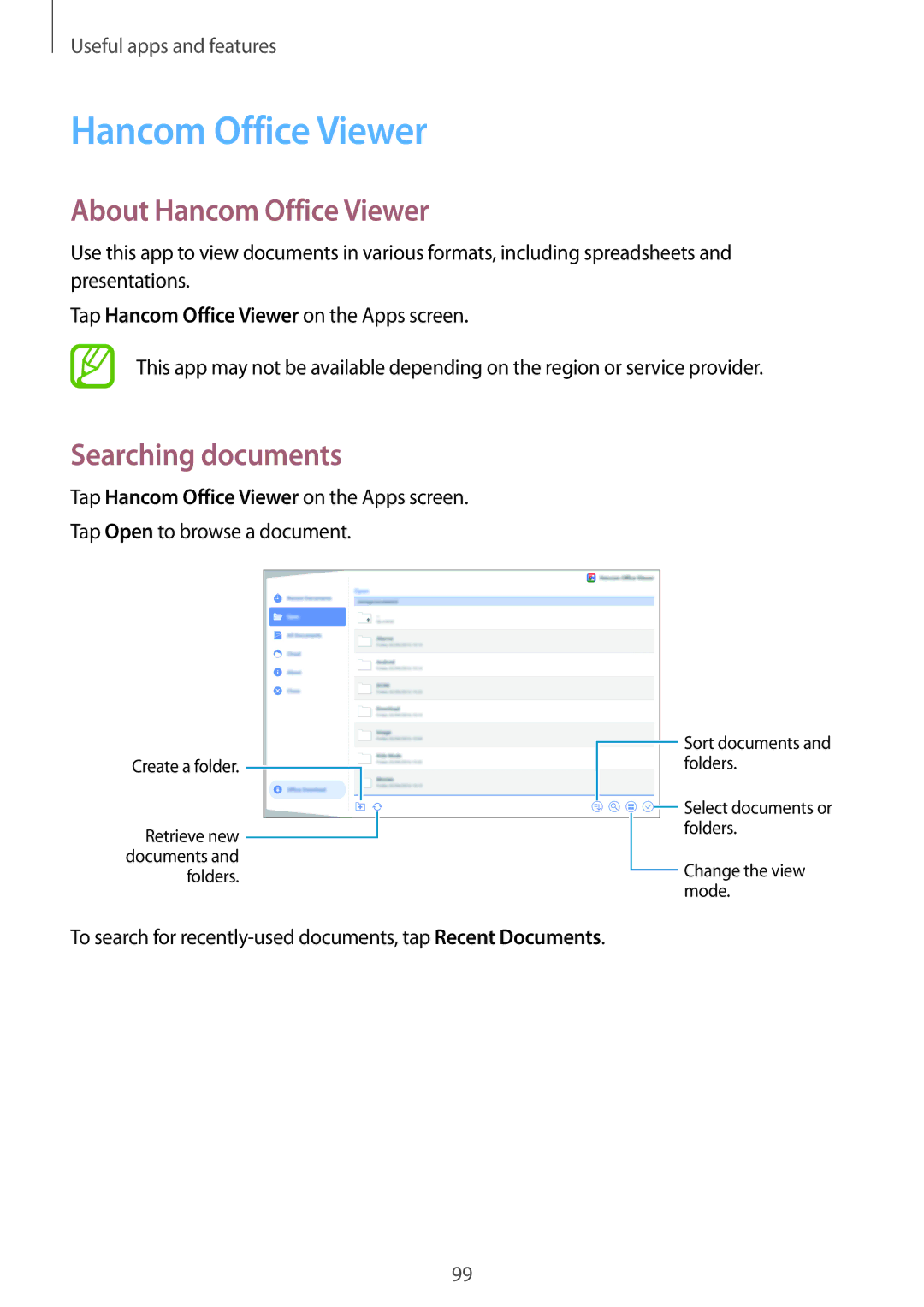 Samsung SM-T700NZWYSER, SM-T800NZWAEUR, SM-T700NZWAXEO, SM-T700NZWASEB About Hancom Office Viewer, Searching documents 