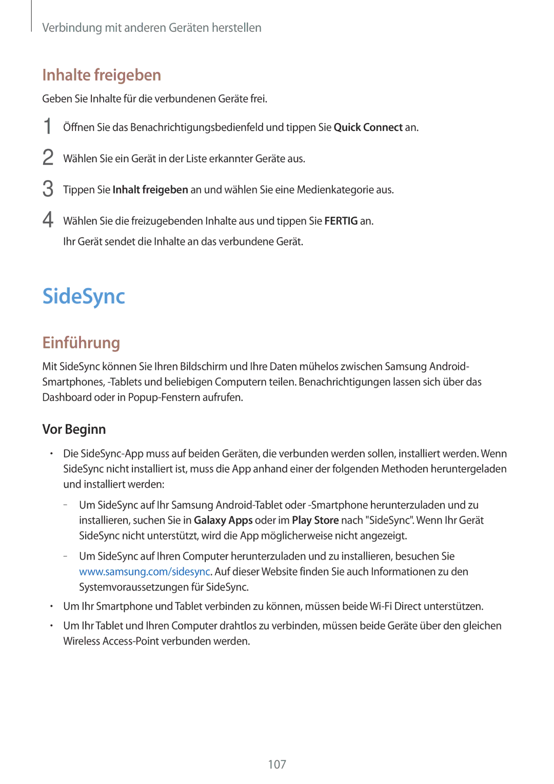 Samsung SM-T800NTSAATO, SM-T800NZWAEUR, SM-T700NZWAXEO, SM-T700NZWASEB SideSync, Inhalte freigeben, Einführung, Vor Beginn 