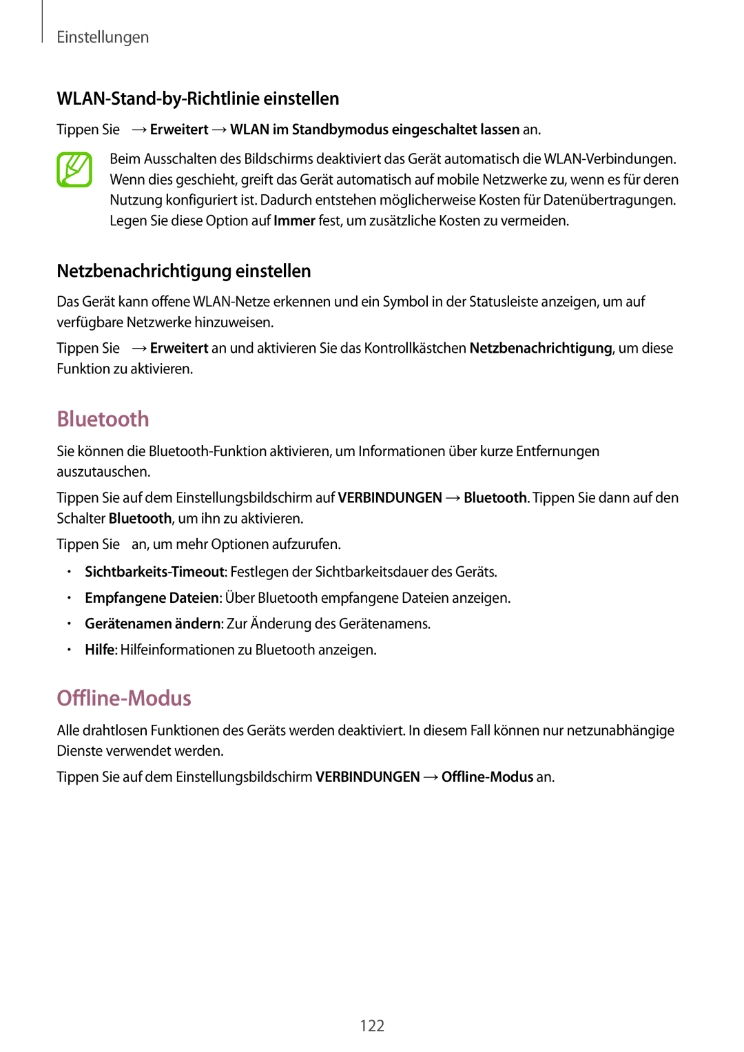 Samsung SM-T700NTSATUR Bluetooth, Offline-Modus, WLAN-Stand-by-Richtlinie einstellen, Netzbenachrichtigung einstellen 
