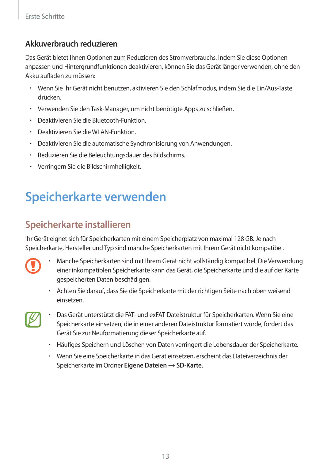 Samsung SM-T800NZWADBT, SM-T800NZWAEUR manual Speicherkarte verwenden, Speicherkarte installieren, Akkuverbrauch reduzieren 