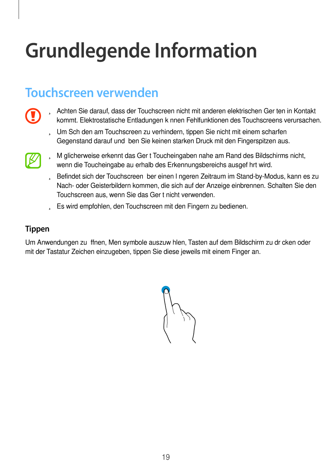 Samsung SM-T700NHAADBT, SM-T800NZWAEUR, SM-T700NZWAXEO manual Grundlegende Information, Touchscreen verwenden, Tippen 
