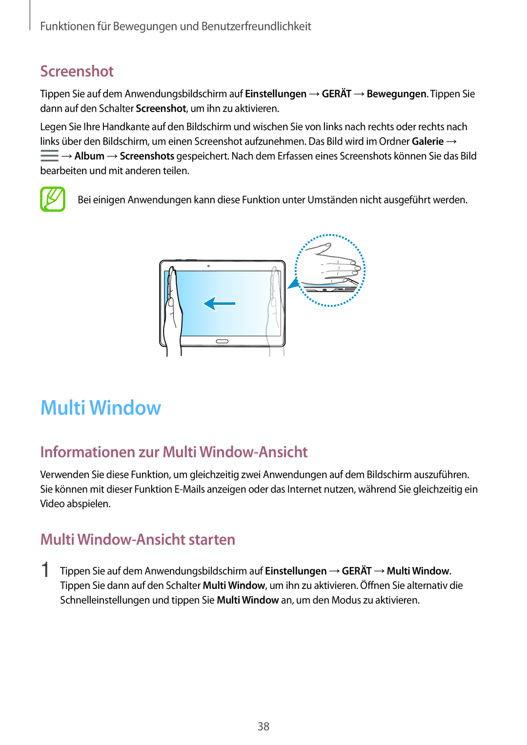 Samsung SM-T700NTSADBT manual Screenshot, Informationen zur Multi Window-Ansicht, Multi Window-Ansicht starten 