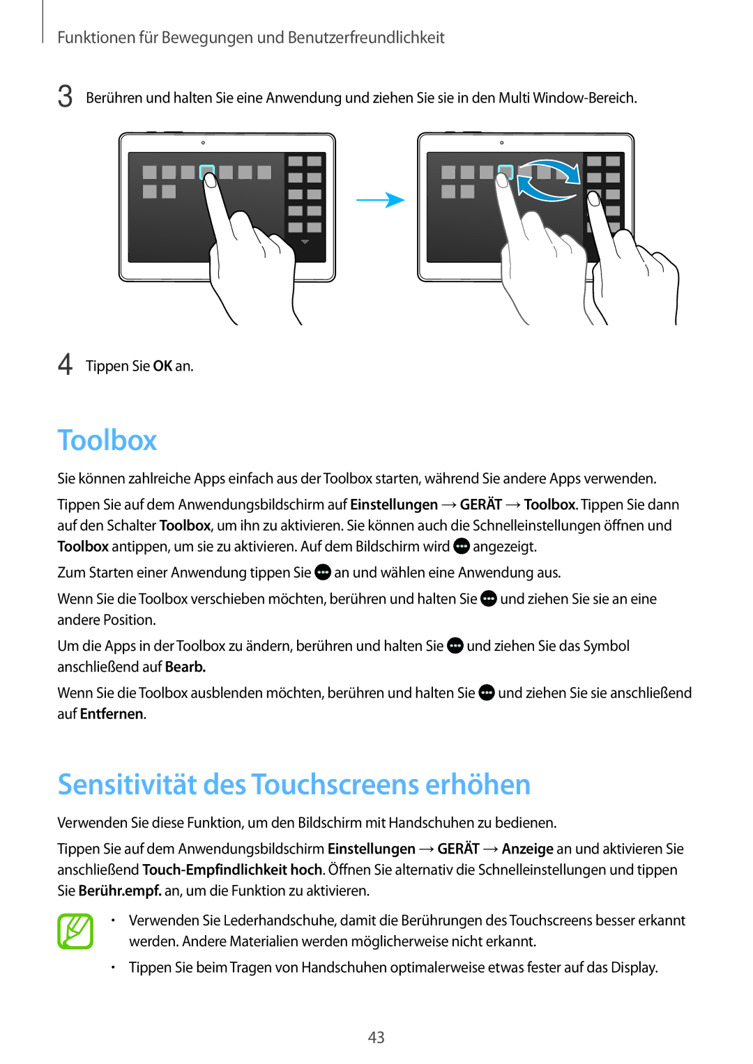 Samsung SM-T700NTSAEUR, SM-T800NZWAEUR, SM-T700NZWAXEO, SM-T700NZWASEB manual Toolbox, Sensitivität des Touchscreens erhöhen 