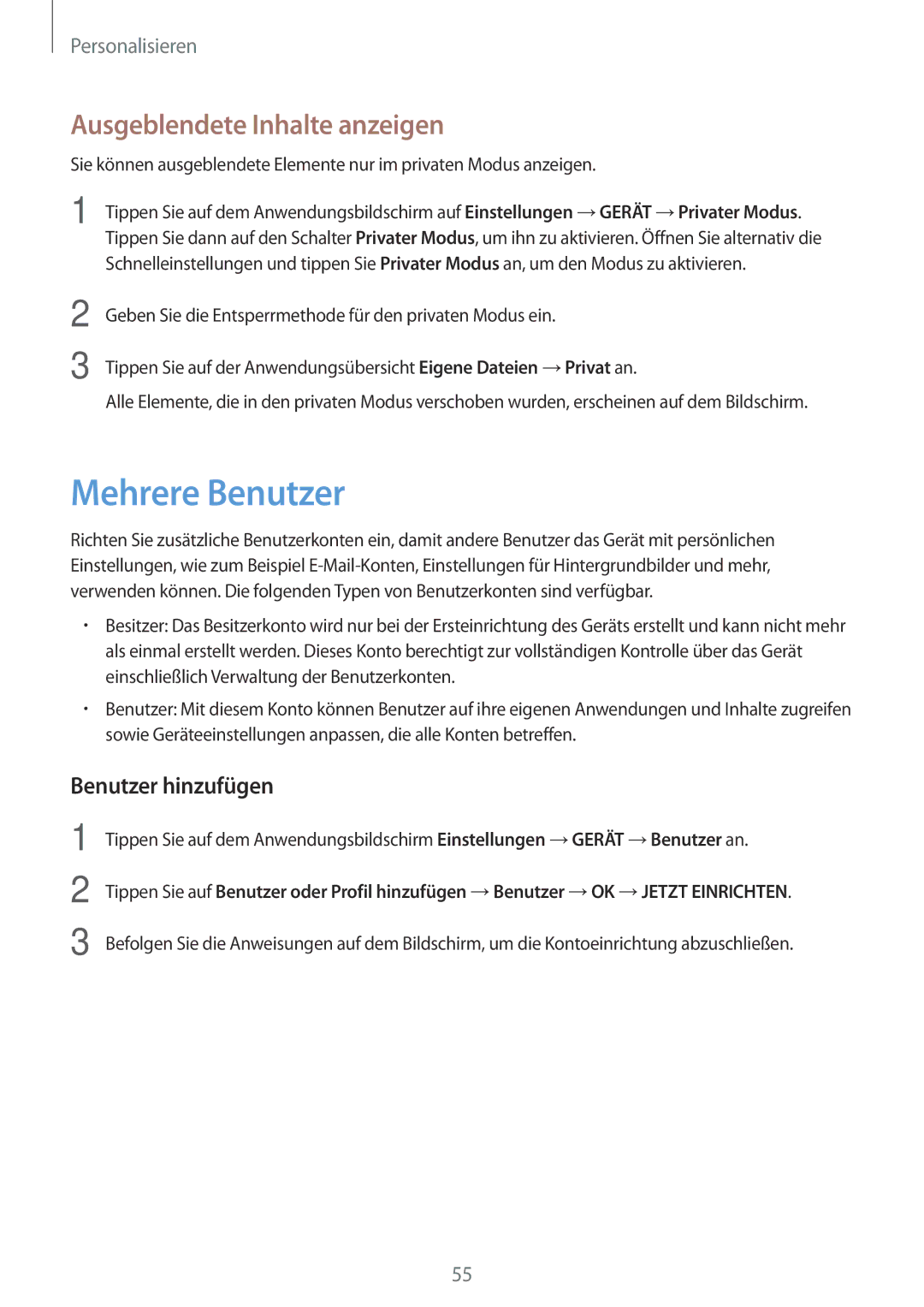 Samsung SM-T800NTSAEUR, SM-T800NZWAEUR manual Mehrere Benutzer, Ausgeblendete Inhalte anzeigen, Benutzer hinzufügen 