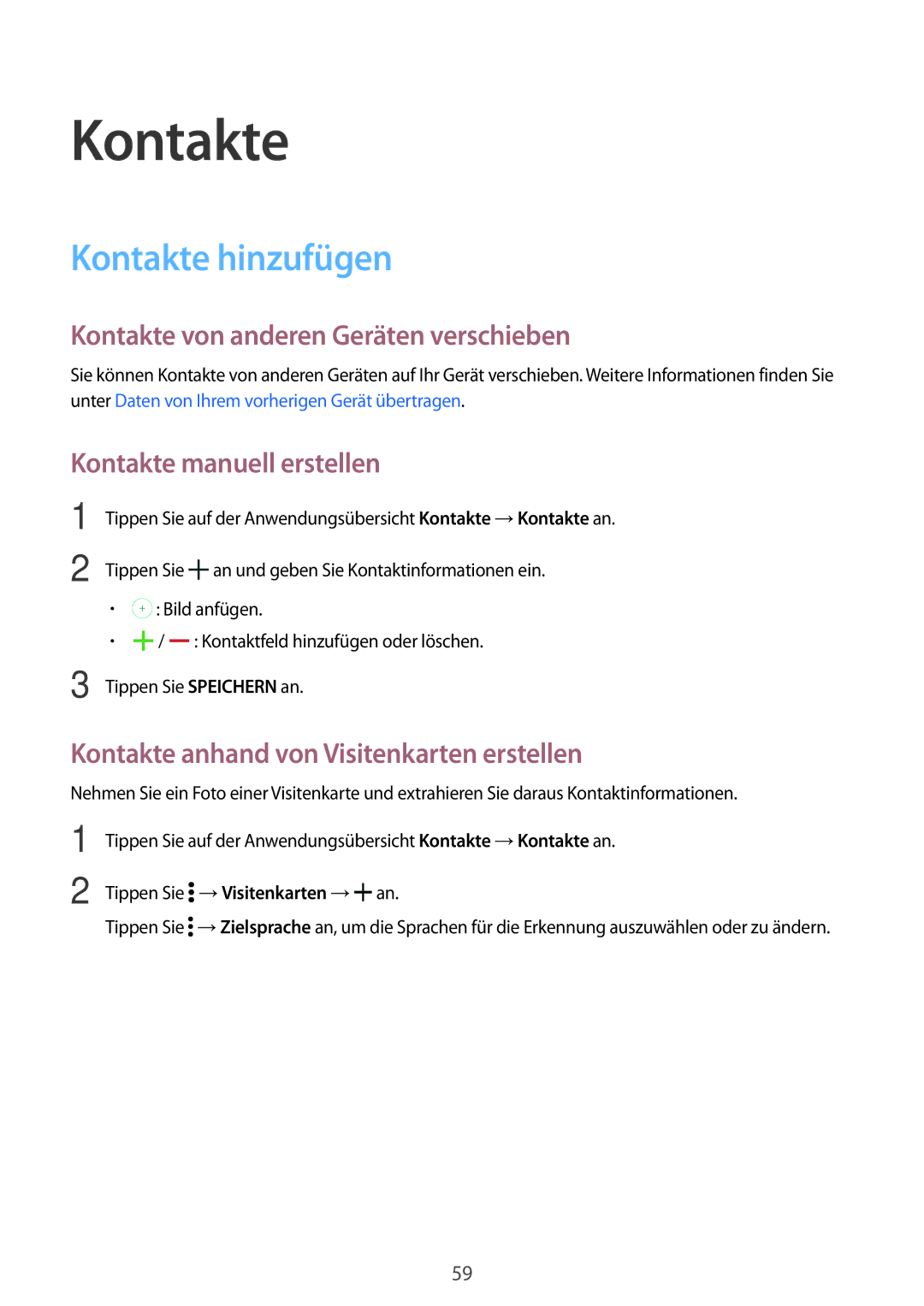 Samsung SM-T800NTSADBT manual Kontakte hinzufügen, Kontakte von anderen Geräten verschieben, Kontakte manuell erstellen 