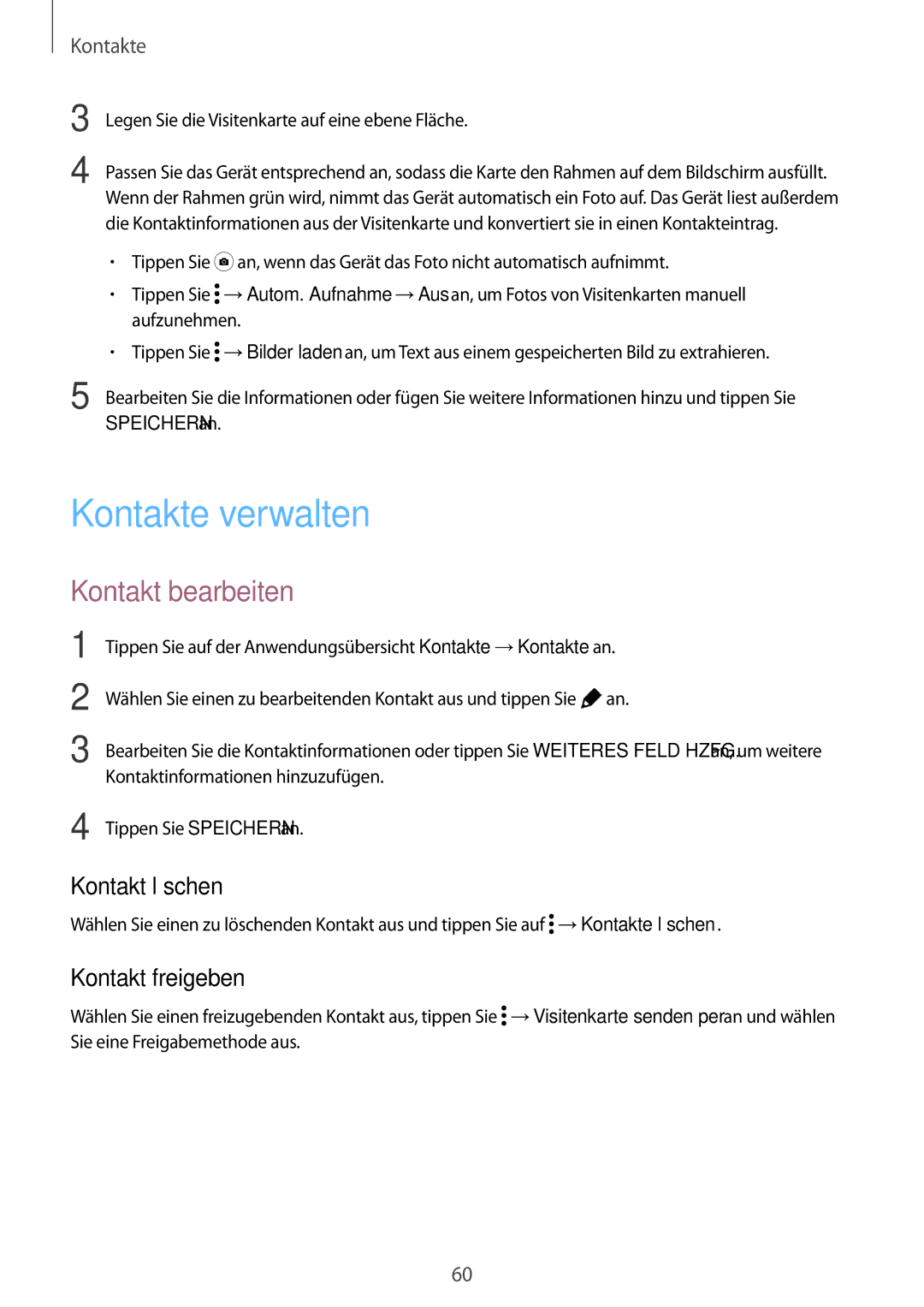 Samsung SM-T700NZWAATO, SM-T800NZWAEUR manual Kontakte verwalten, Kontakt bearbeiten, Kontakt löschen, Kontakt freigeben 