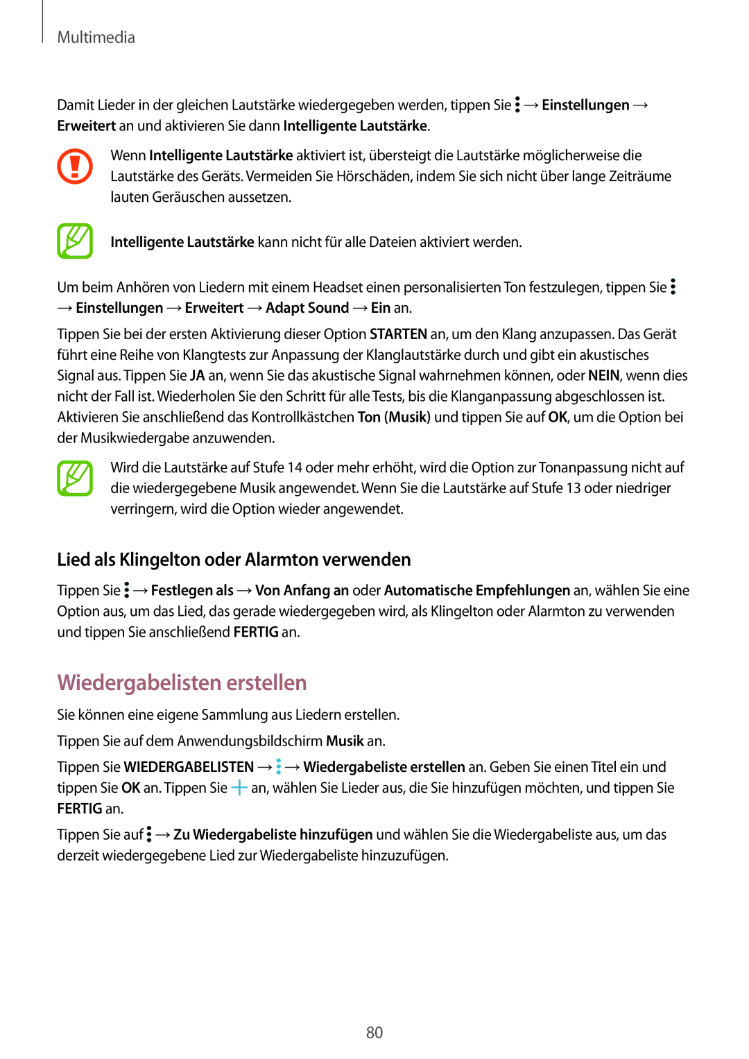 Samsung SM-T700NTSAATO, SM-T800NZWAEUR manual Wiedergabelisten erstellen, Lied als Klingelton oder Alarmton verwenden 