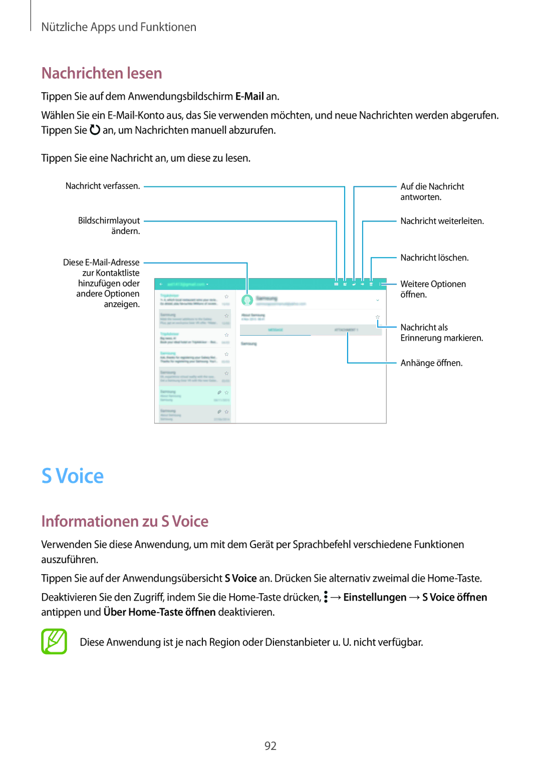 Samsung SM-T800NTSATUR, SM-T800NZWAEUR, SM-T700NZWAXEO, SM-T700NZWASEB manual Nachrichten lesen, Informationen zu S Voice 