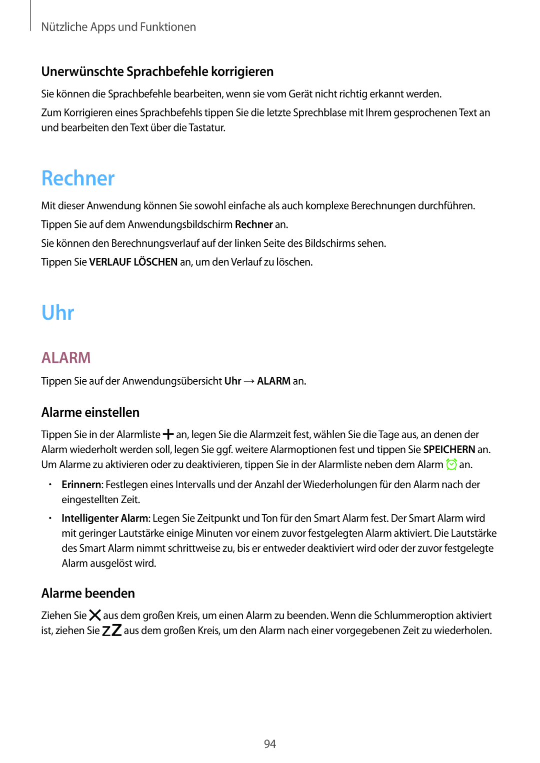 Samsung SM-T700NZWAATO manual Rechner, Uhr, Unerwünschte Sprachbefehle korrigieren, Alarme einstellen, Alarme beenden 