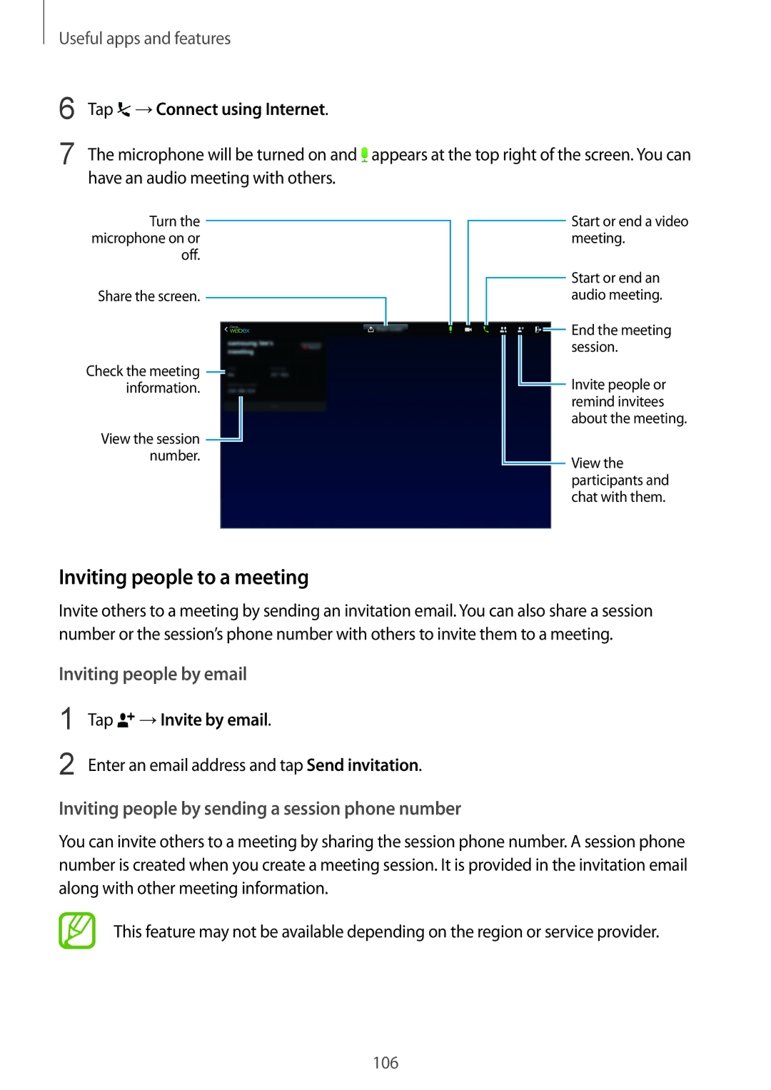 Samsung SM-T800NZWAAFG, SM-T800NZWAEUR Inviting people to a meeting, Tap →Connect using Internet, Tap →Invite by email 