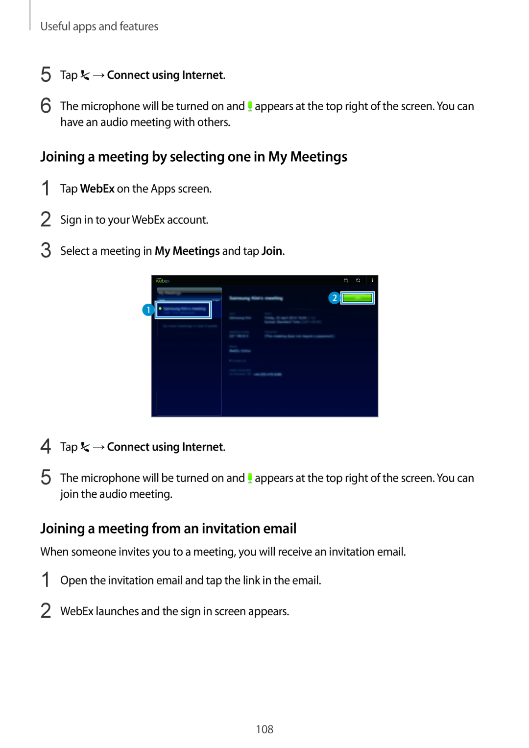Samsung SM-T800NTSABGL manual Joining a meeting by selecting one in My Meetings, Joining a meeting from an invitation email 