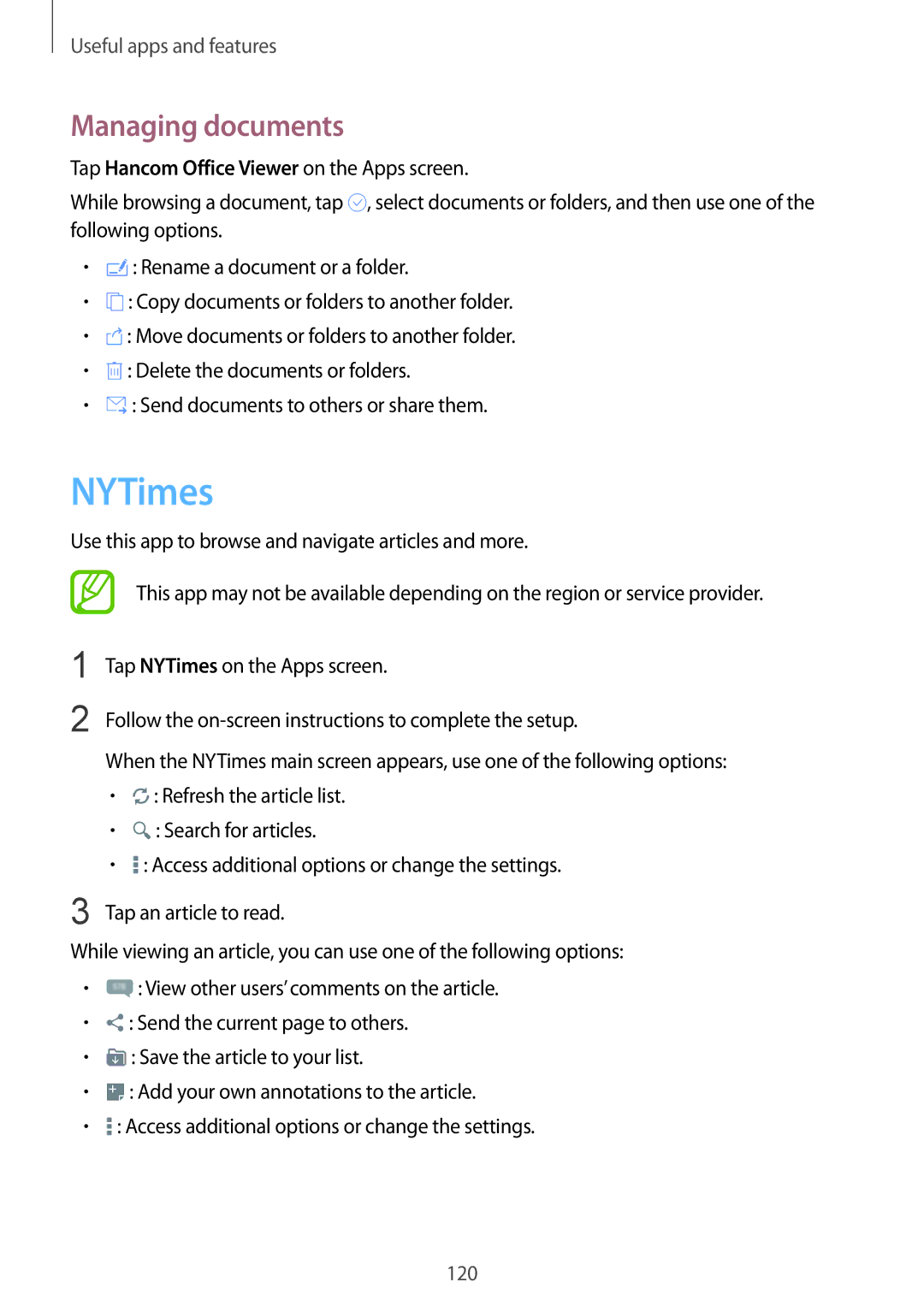 Samsung SM-T800NTSENEE, SM-T800NZWAEUR, SM-T800NTSAATO, SM-T800NHAAATO, SM-T800NTSASEB manual NYTimes, Managing documents 