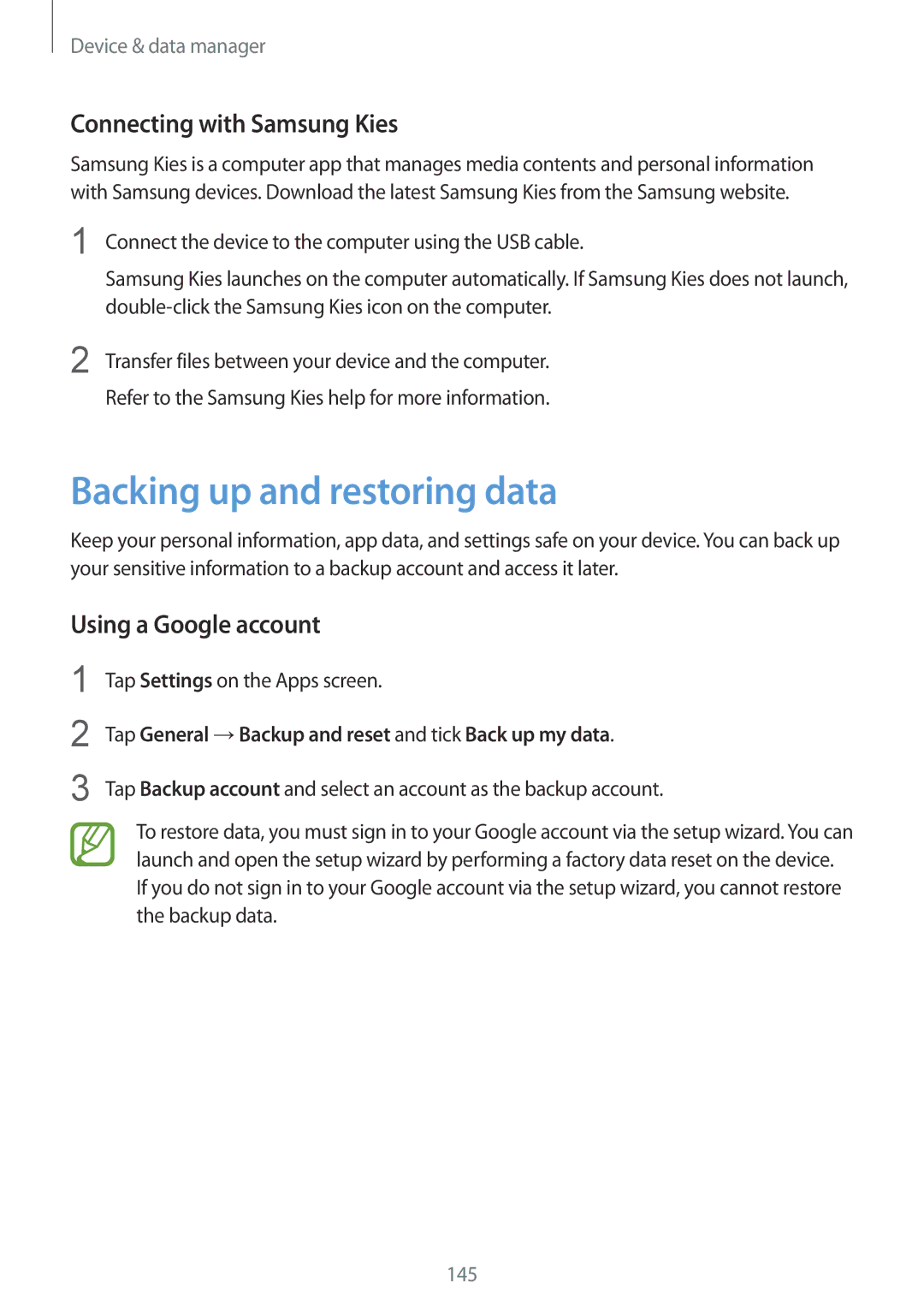 Samsung SM-T800NHAADBT, SM-T800NZWAEUR Backing up and restoring data, Connecting with Samsung Kies, Using a Google account 