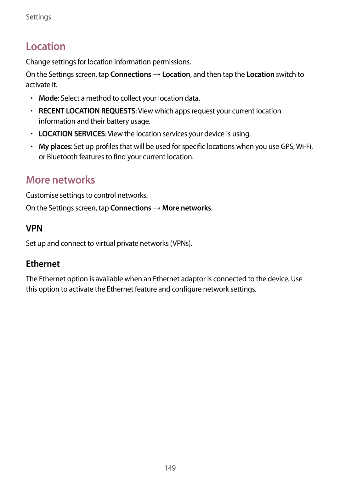 Samsung SM-T800NZWEXJP manual Location, More networks, Ethernet, Set up and connect to virtual private networks VPNs 