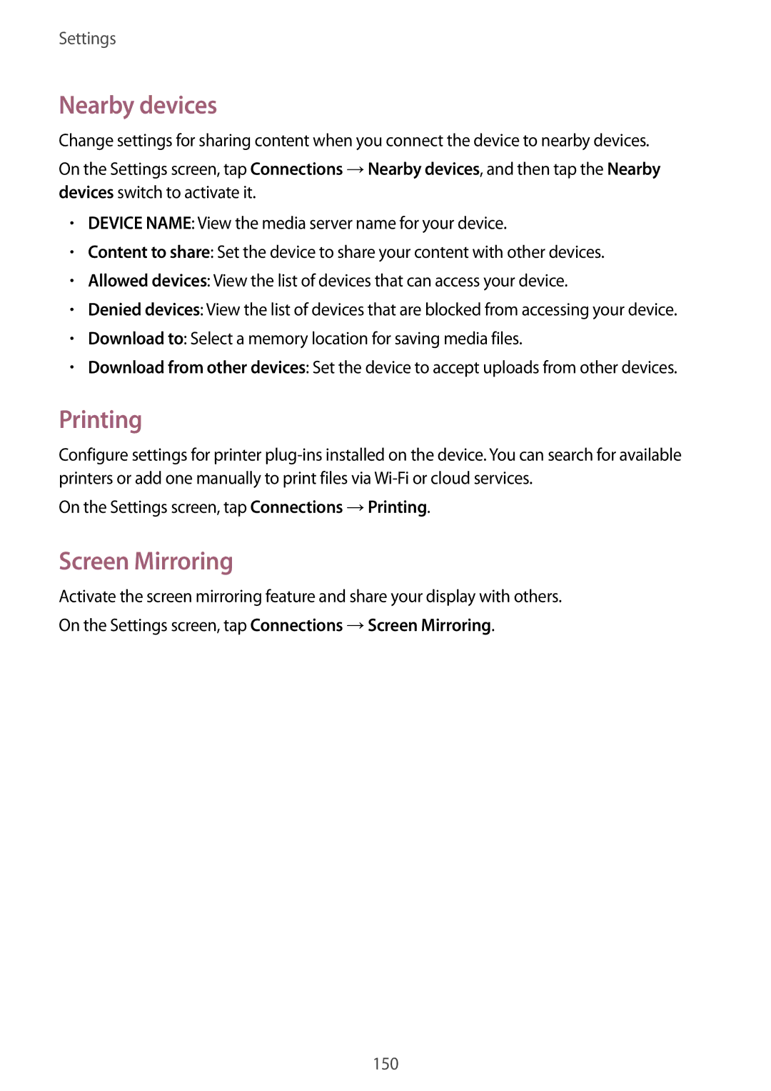 Samsung SM-T800NZWAXEF manual Nearby devices, Screen Mirroring, On the Settings screen, tap Connections →Printing 