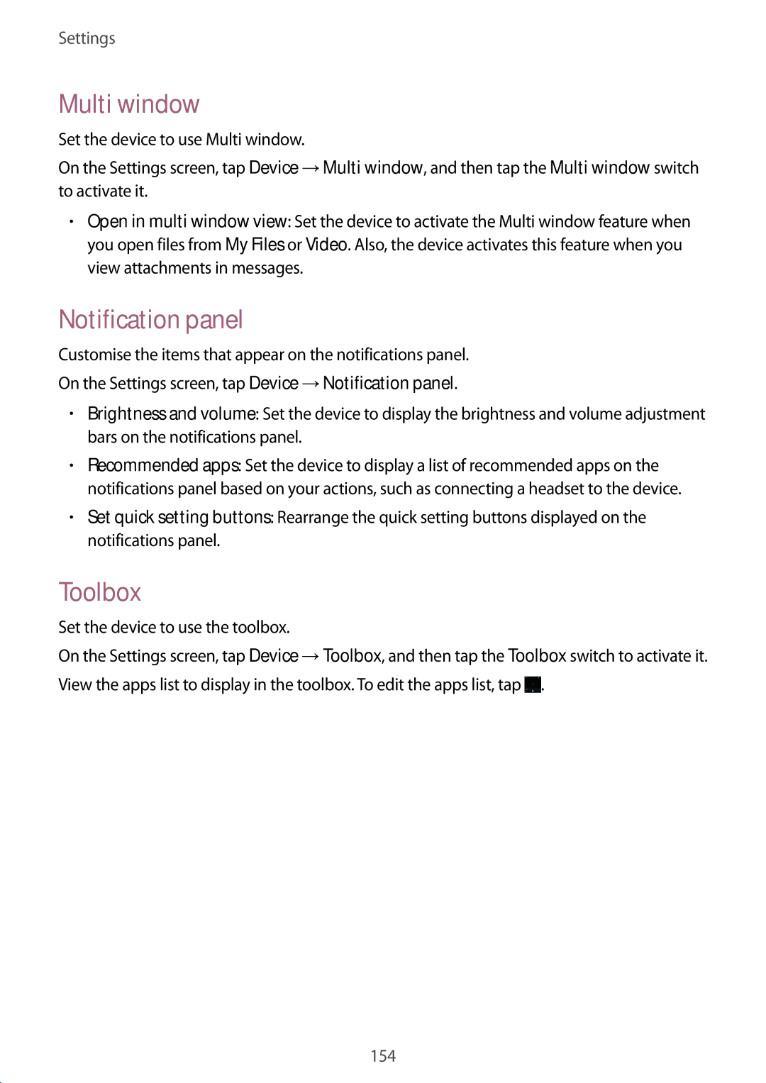 Samsung SM-T800NTSAITV, SM-T800NZWAEUR manual Multi window, Notification panel, Toolbox, Set the device to use the toolbox 