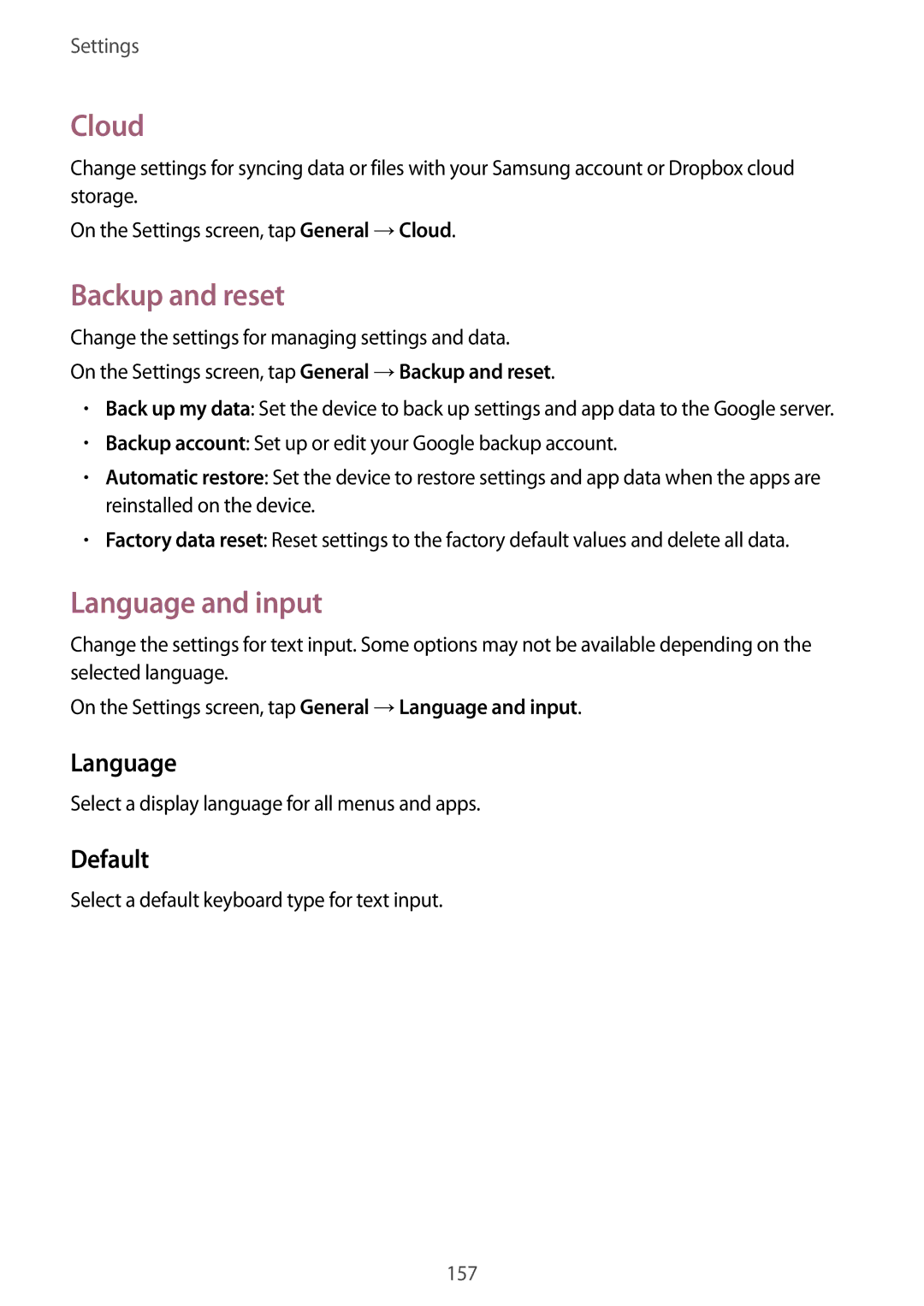 Samsung SM-T800NZWAAUT, SM-T800NZWAEUR, SM-T800NTSAATO, SM-T800NHAAATO Cloud, Backup and reset, Language and input, Default 