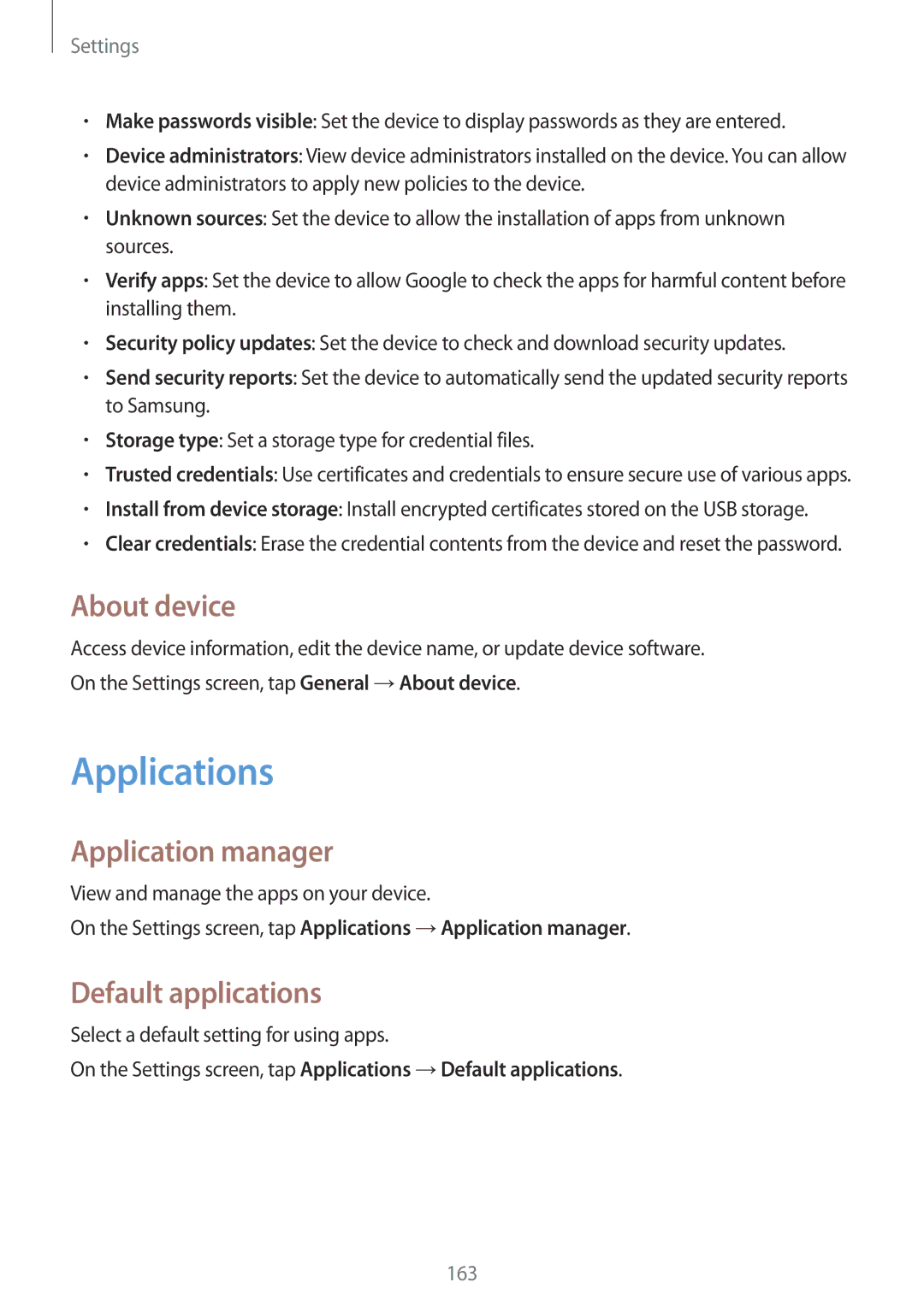 Samsung SM-T800NZWATUN, SM-T800NZWAEUR manual Applications, About device, Application manager, Default applications 