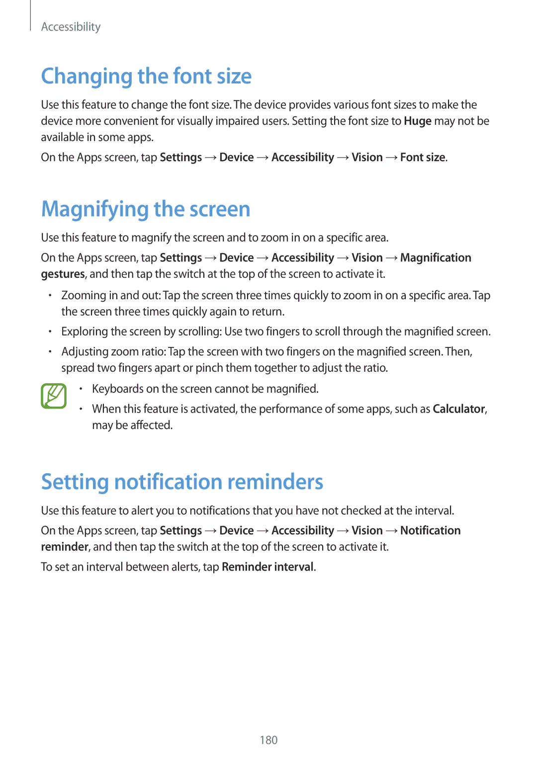 Samsung SM-T800NTSAXEH, SM-T800NZWAEUR manual Changing the font size, Magnifying the screen, Setting notification reminders 