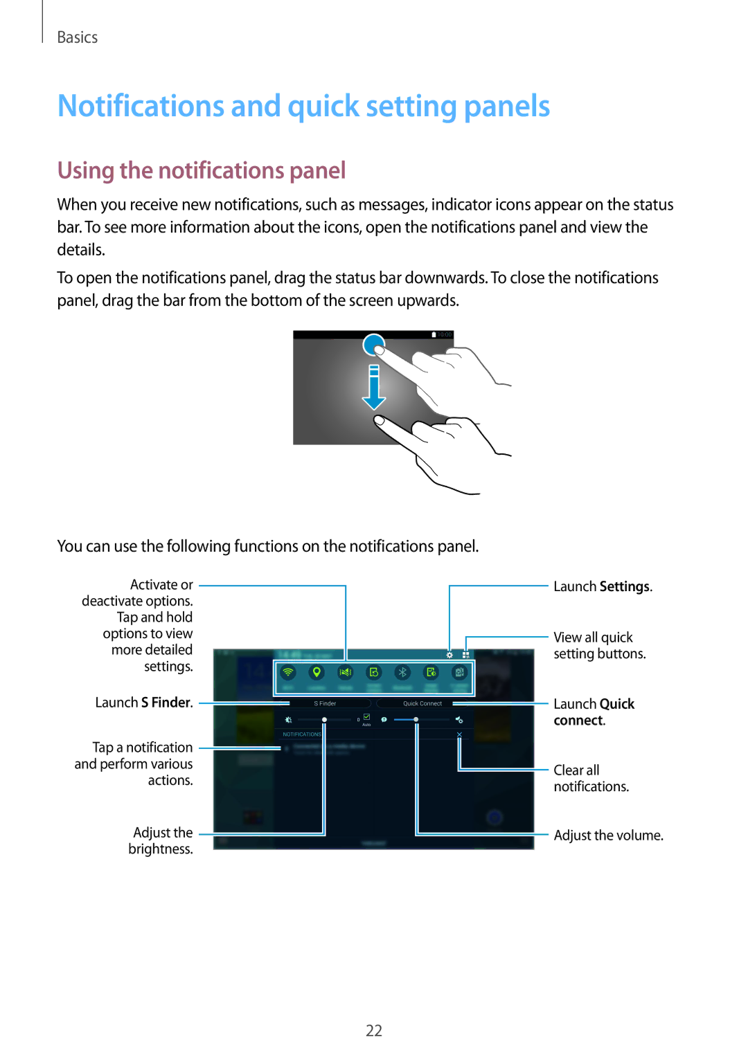 Samsung SM-T800NTSAXEF, SM-T800NZWAEUR manual Notifications and quick setting panels, Using the notifications panel 