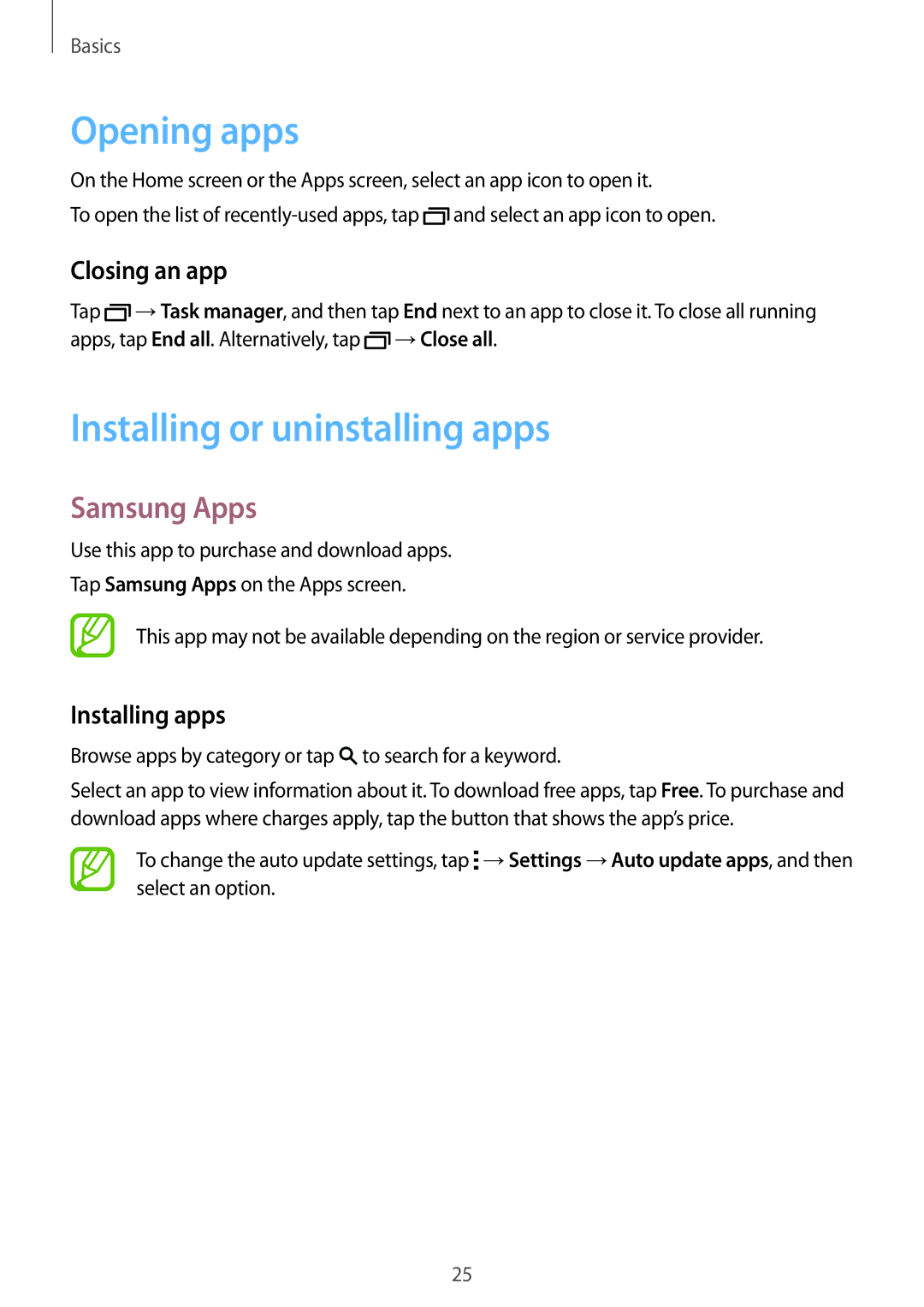 Samsung SM-T800NZWAXEO manual Opening apps, Installing or uninstalling apps, Samsung Apps, Closing an app, Installing apps 