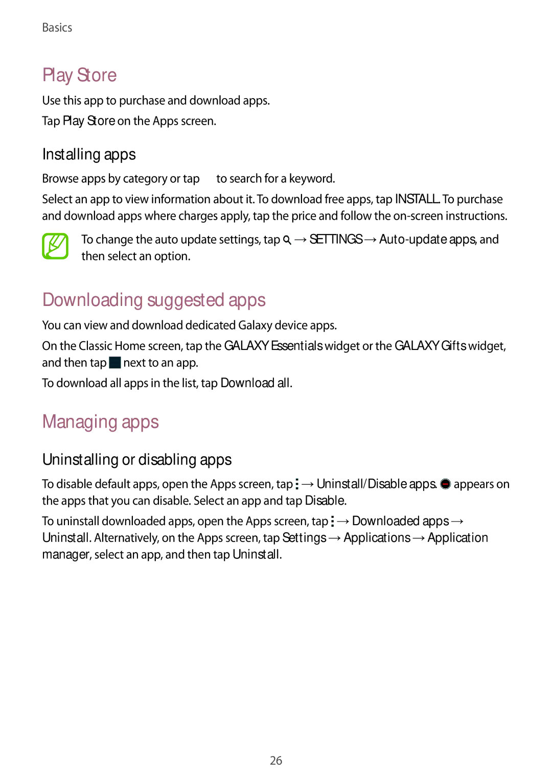 Samsung SM-T800NTSAAUT manual Play Store, Downloading suggested apps, Managing apps, Uninstalling or disabling apps 