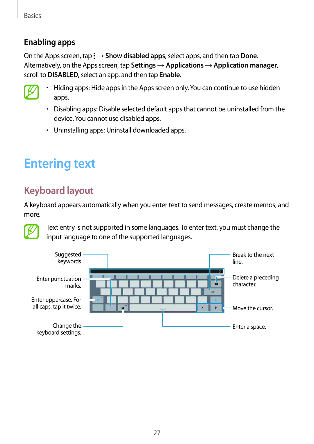 Samsung SM-T800NZWAAUT, SM-T800NZWAEUR, SM-T800NTSAATO, SM-T800NHAAATO manual Entering text, Keyboard layout, Enabling apps 