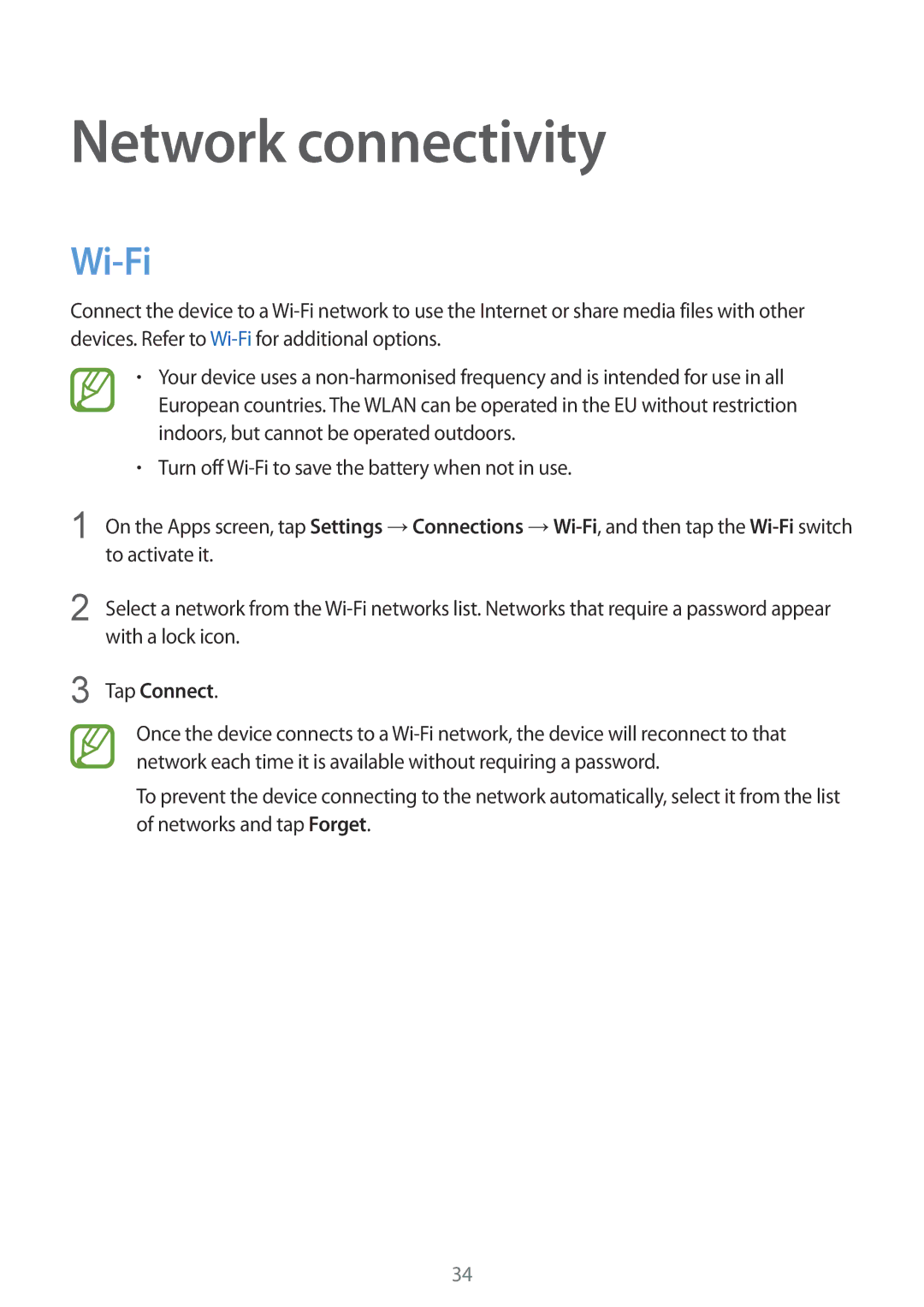 Samsung SM-T800NZWAXSG, SM-T800NZWAEUR, SM-T800NTSAATO, SM-T800NHAAATO manual Network connectivity, Wi-Fi, Tap Connect 