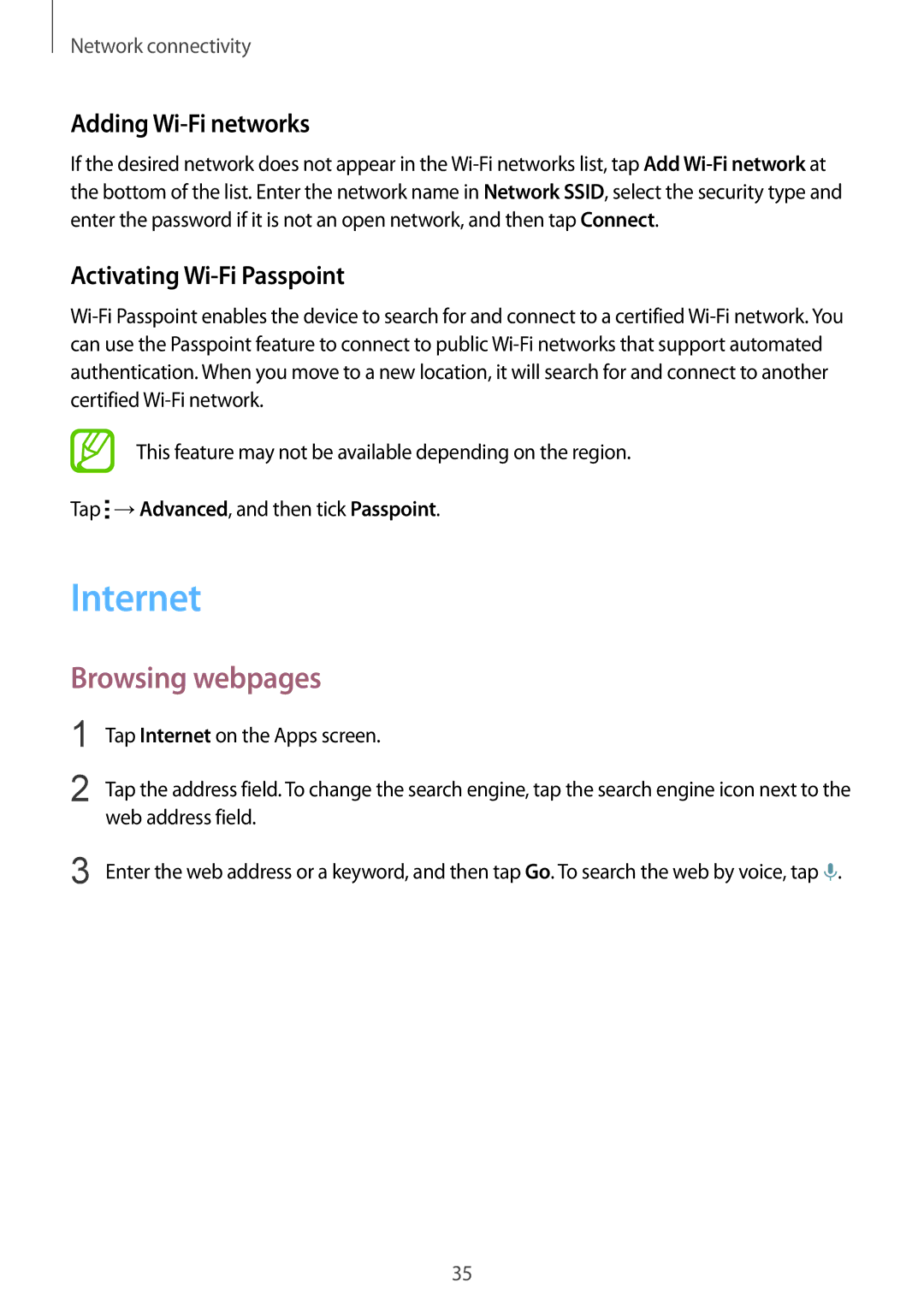Samsung SM-T800NTSATHR, SM-T800NZWAEUR manual Internet, Browsing webpages, Adding Wi-Fi networks, Activating Wi-Fi Passpoint 