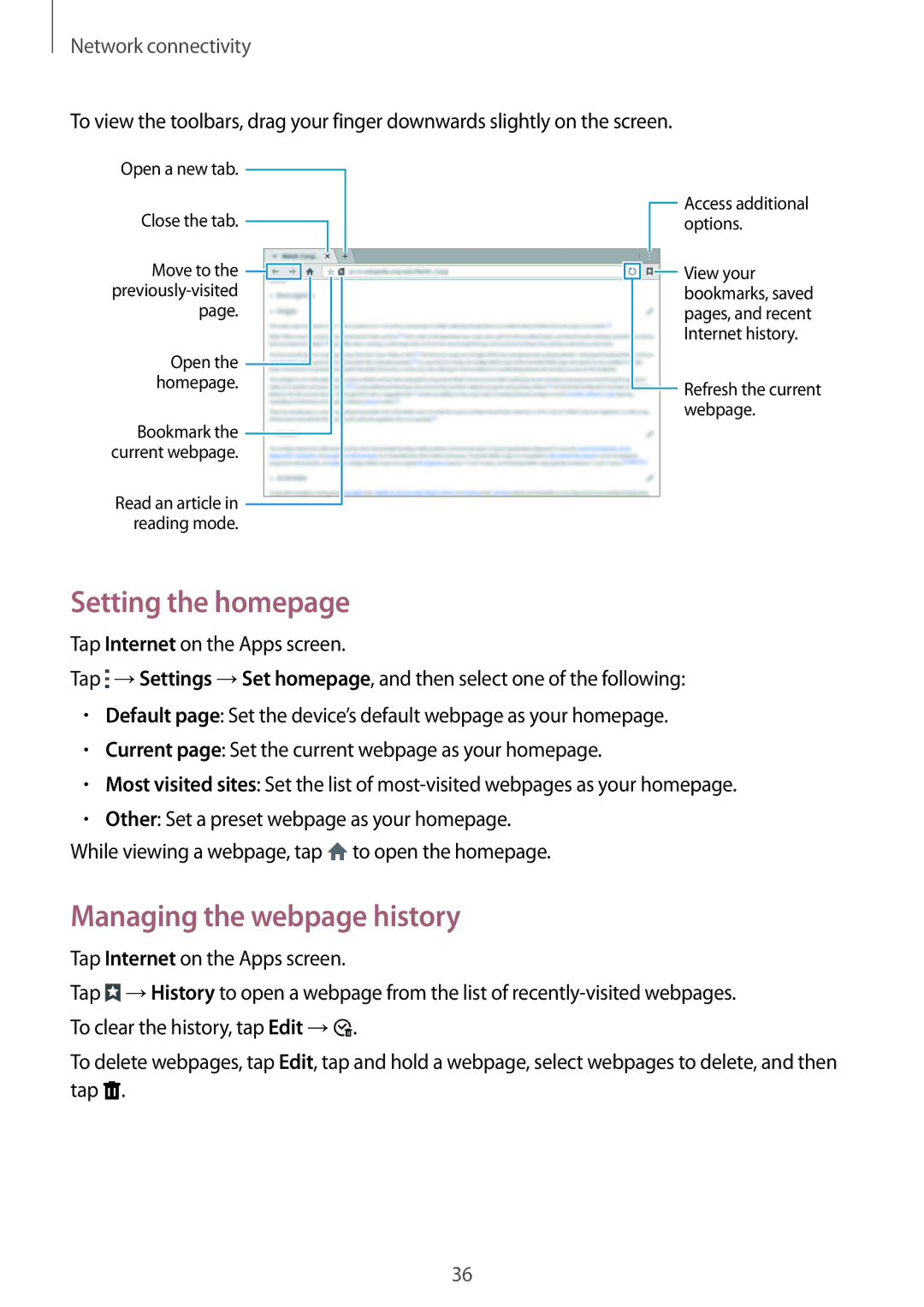 Samsung SM-T800NZWAKSA, SM-T800NZWAEUR, SM-T800NTSAATO, SM-T800NHAAATO Setting the homepage, Managing the webpage history 