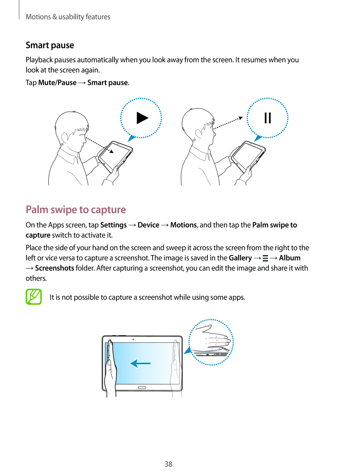 Samsung SM-T800NTSAMID, SM-T800NZWAEUR, SM-T800NTSAATO manual Palm swipe to capture, Tap Mute/Pause →Smart pause 