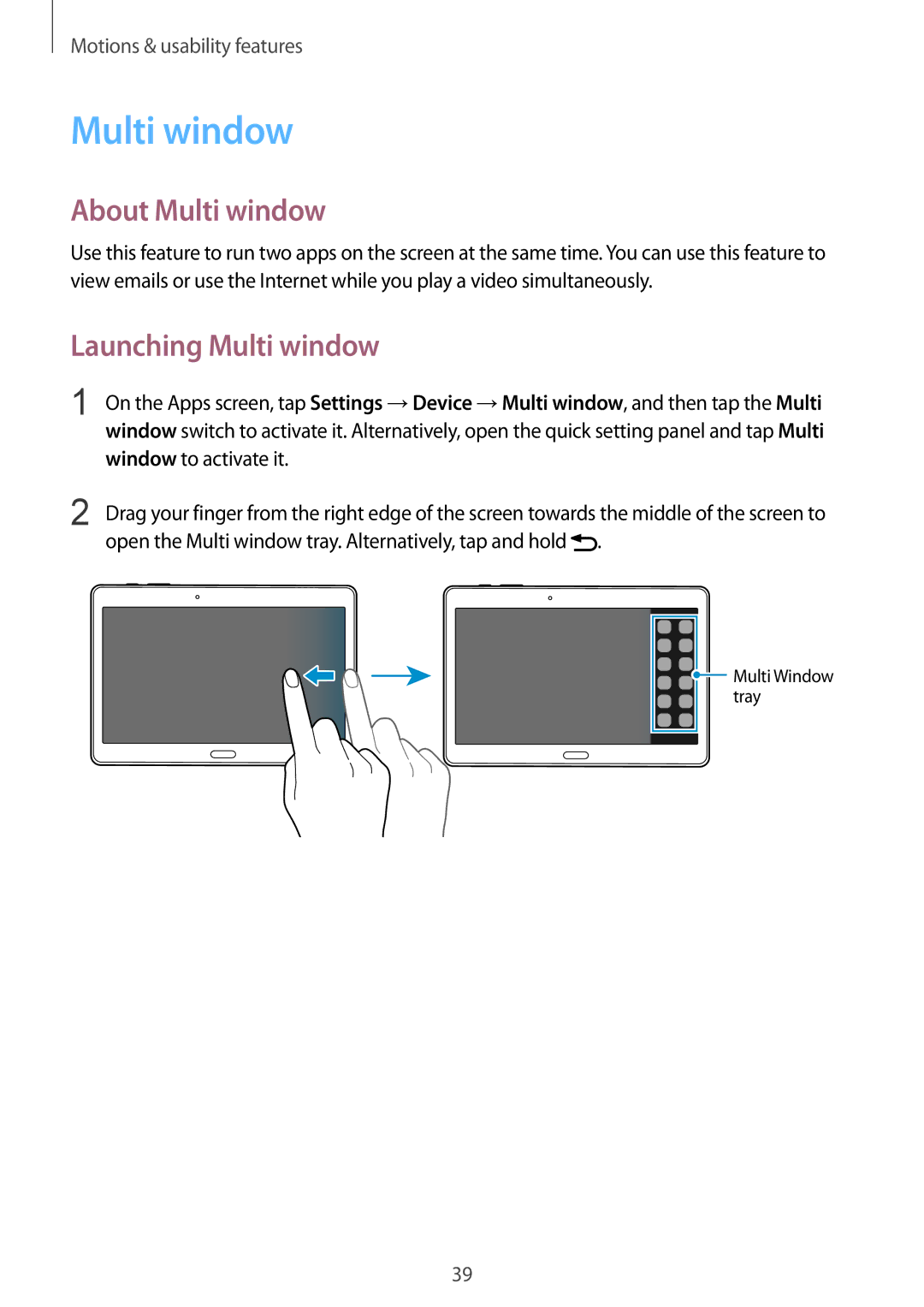 Samsung SM-T800NTSATUN, SM-T800NZWAEUR manual About Multi window, Launching Multi window, Window to activate it 