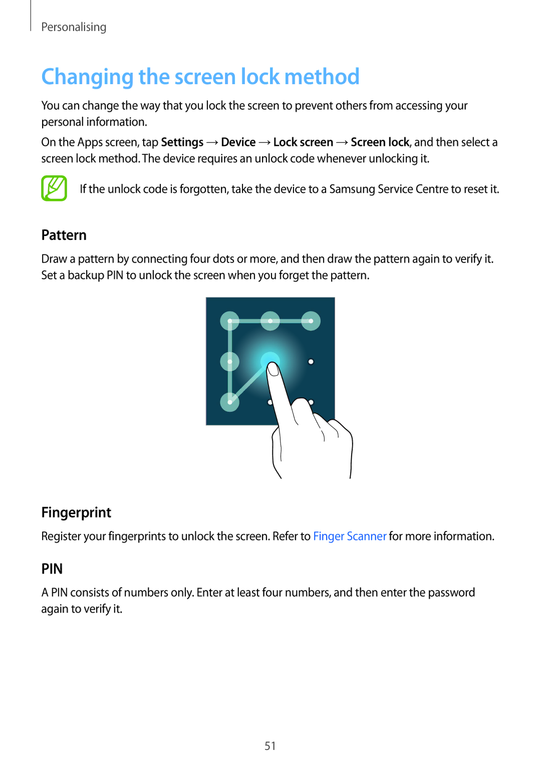 Samsung SM-T800NZWAXEZ, SM-T800NZWAEUR, SM-T800NTSAATO, SM-T800NHAAATO Changing the screen lock method, Pattern, Fingerprint 