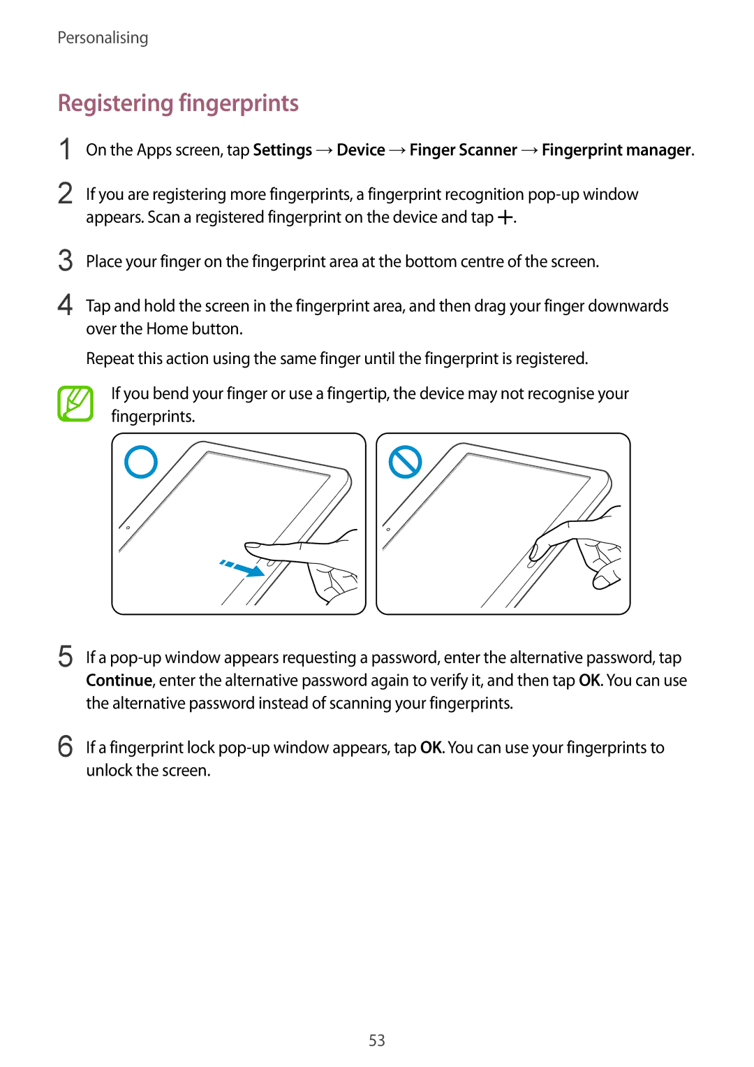 Samsung SM-T800NLSANEE, SM-T800NZWAEUR, SM-T800NTSAATO, SM-T800NHAAATO, SM-T800NTSASEB manual Registering fingerprints 