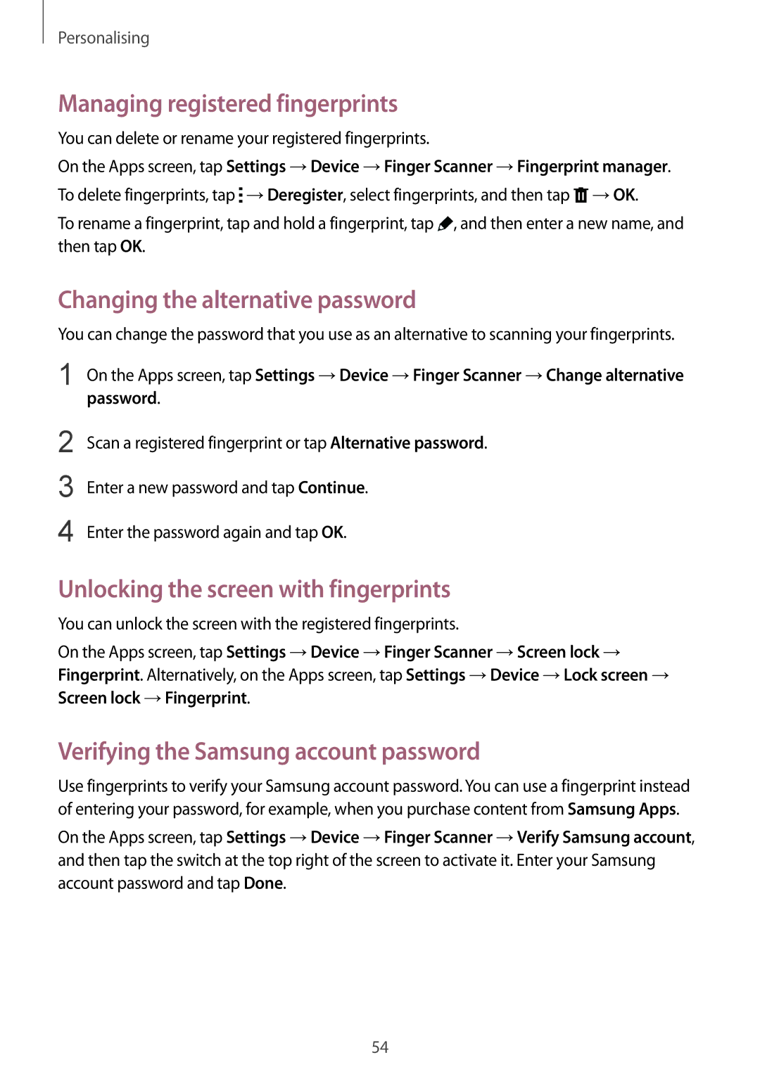 Samsung SM-T800NZWANEE, SM-T800NZWAEUR, SM-T800NTSAATO Managing registered fingerprints, Changing the alternative password 