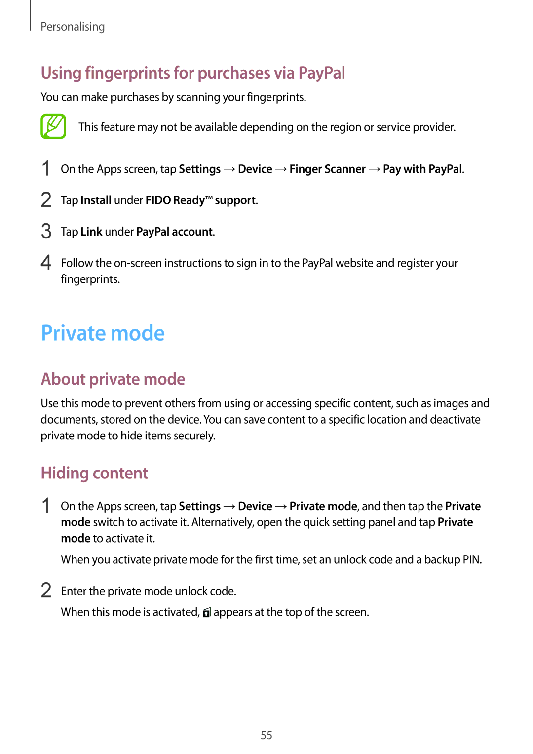 Samsung SM-T800NTSENEE manual Private mode, Using fingerprints for purchases via PayPal, About private mode, Hiding content 