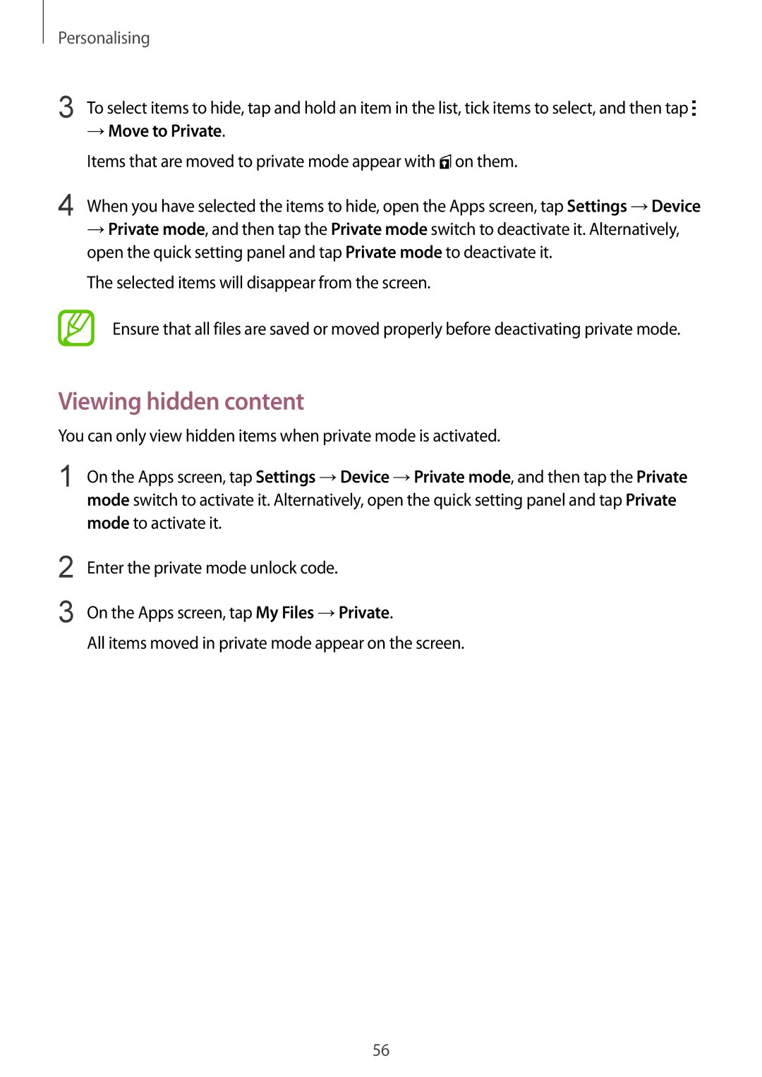 Samsung SM-T800NTSANEE Viewing hidden content, → Move to Private, Items that are moved to private mode appear with on them 