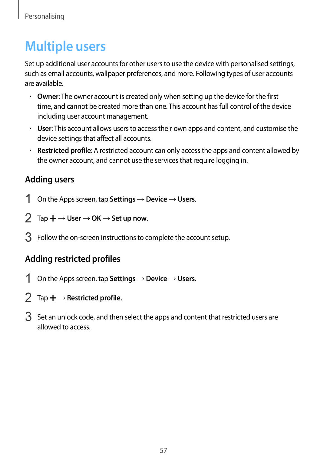 Samsung SM-T800NHAASEB, SM-T800NZWAEUR Multiple users, Adding users, Adding restricted profiles, Tap →User →OK →Set up now 