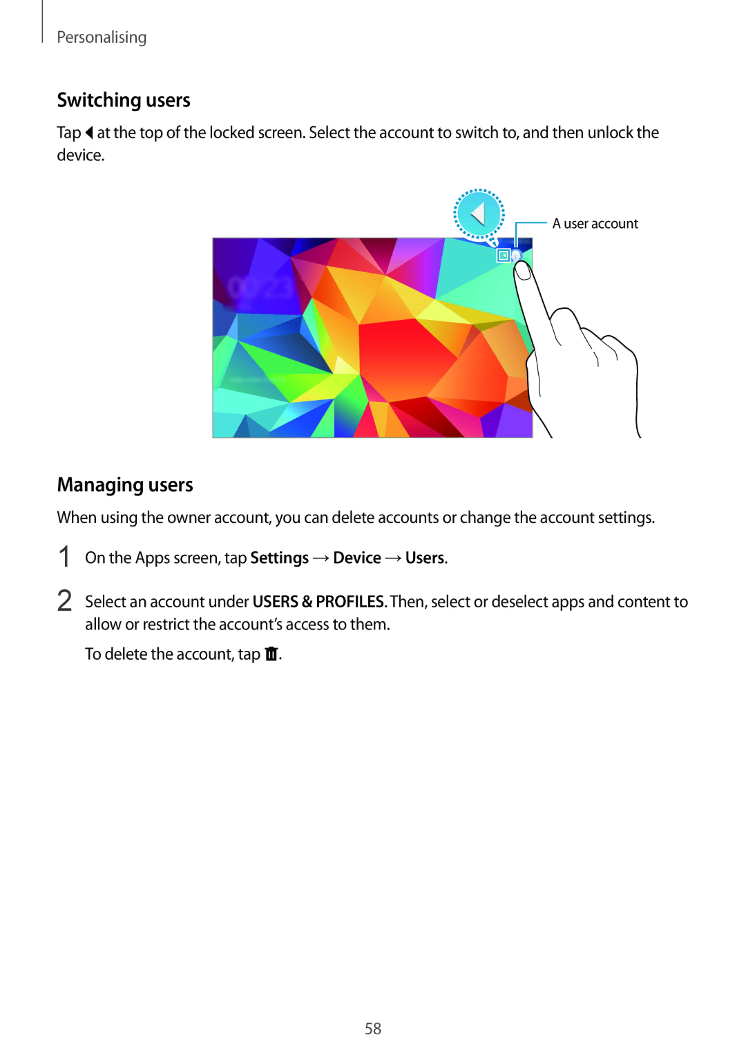 Samsung SM-T800NTSAILO, SM-T800NZWAEUR, SM-T800NTSAATO, SM-T800NHAAATO, SM-T800NTSASEB manual Switching users, Managing users 