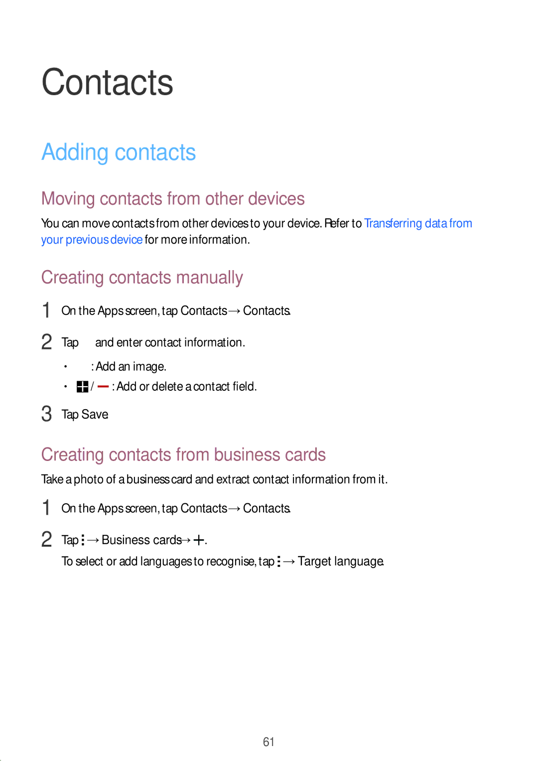 Samsung SM-T800NZWYSER Contacts, Adding contacts, Moving contacts from other devices, Creating contacts manually 