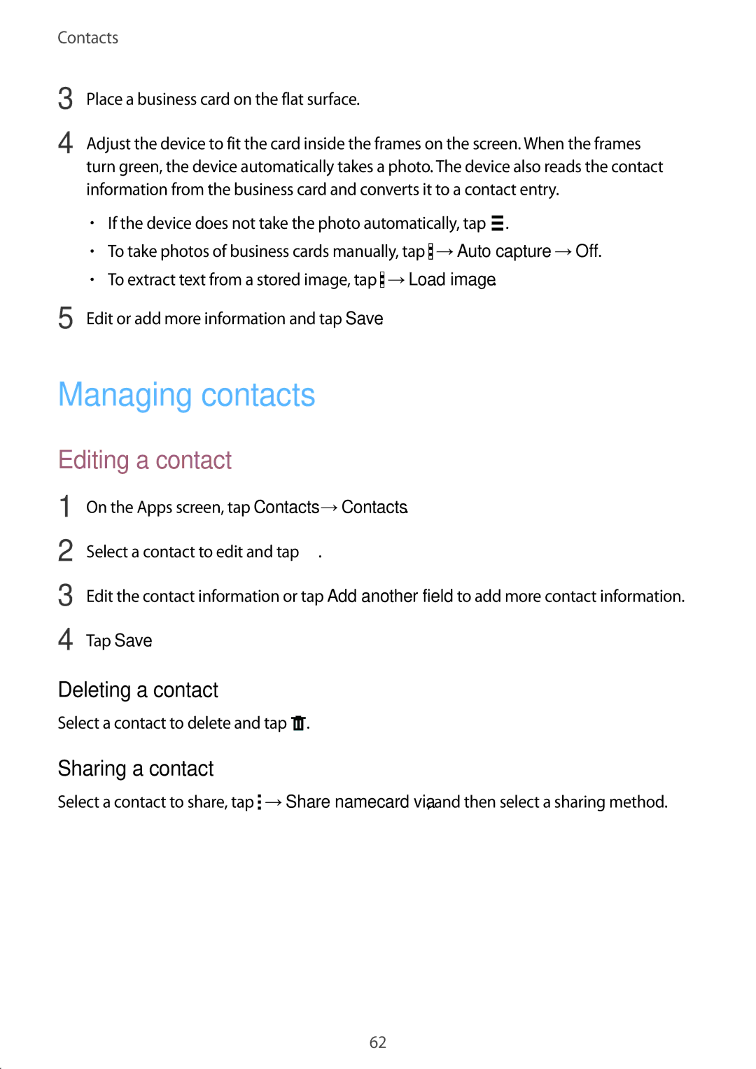 Samsung SM-T800NTSYSER, SM-T800NZWAEUR manual Managing contacts, Editing a contact, Deleting a contact, Sharing a contact 