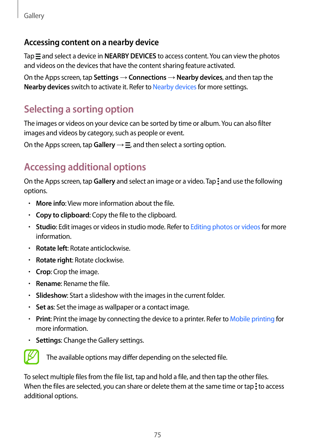 Samsung SM-T800NZWATPH Selecting a sorting option, Accessing additional options, Accessing content on a nearby device 