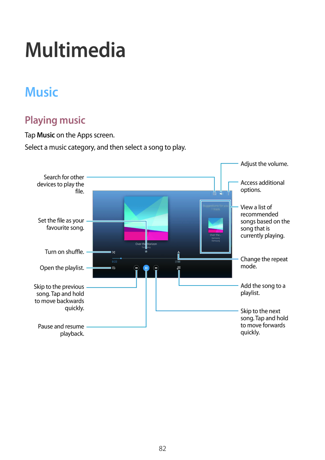 Samsung SM-T800NZWAXJP, SM-T800NZWAEUR, SM-T800NTSAATO, SM-T800NHAAATO, SM-T800NTSASEB manual Multimedia, Music, Playing music 
