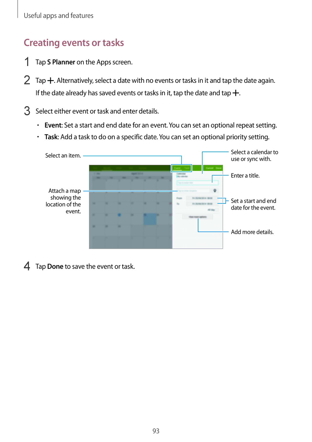 Samsung SM-T800NZWAITV Creating events or tasks, Tap S Planner on the Apps screen, Tap Done to save the event or task 