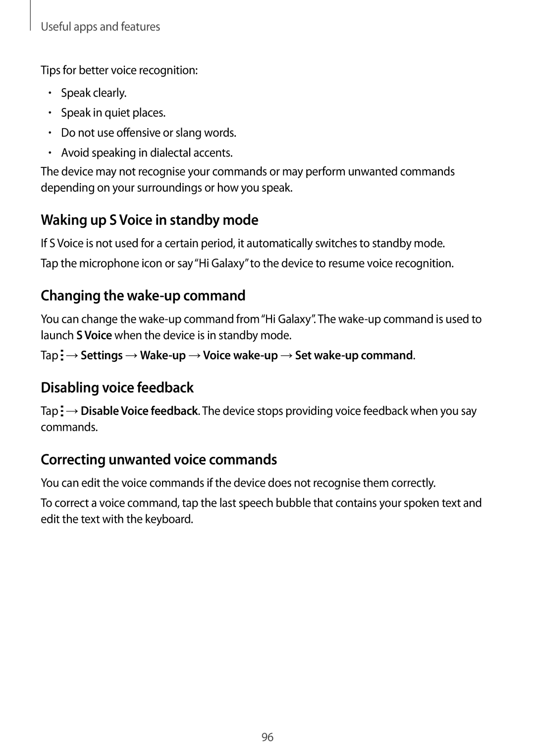 Samsung SM-T800NTSAAFG manual Waking up S Voice in standby mode, Changing the wake-up command, Disabling voice feedback 